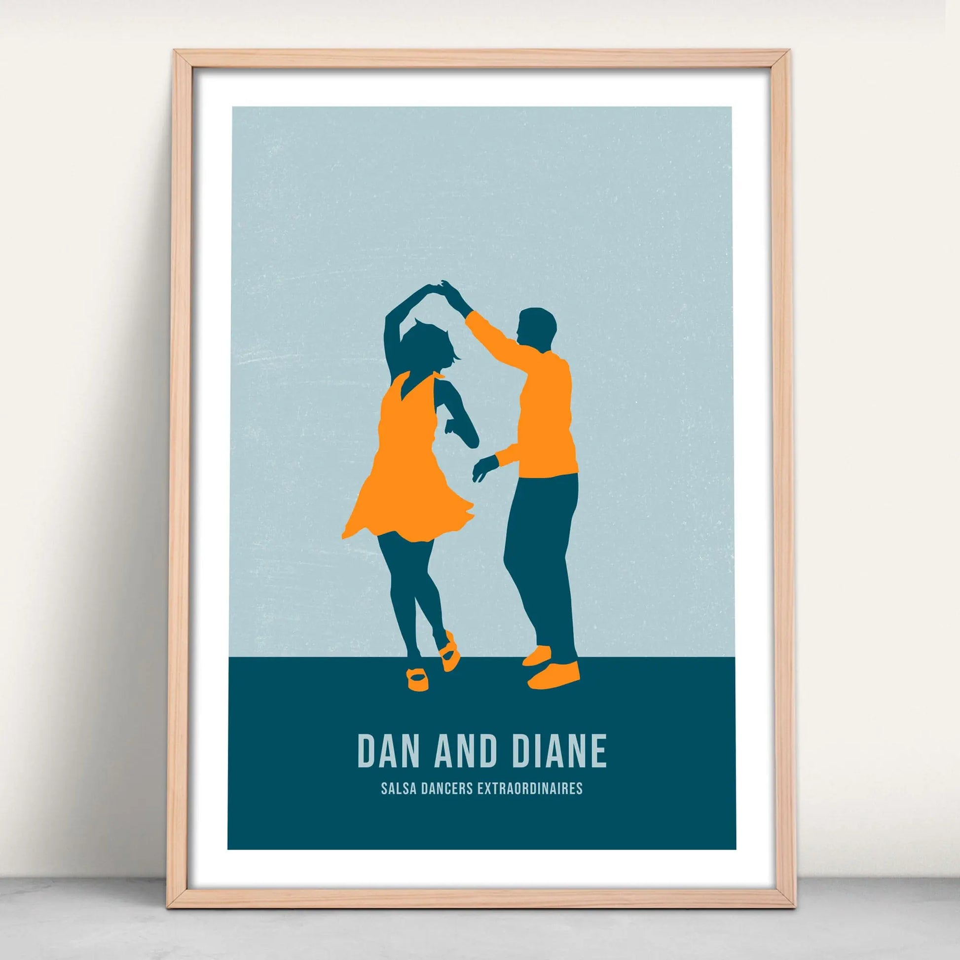 Personalised print of a couple dancing in navy and orange from Purest Green Prints.