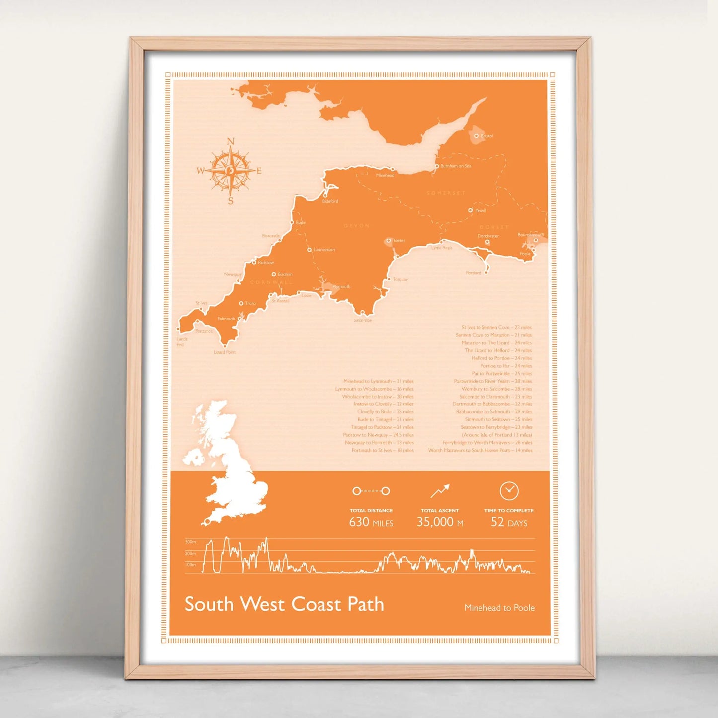 South West Coast Path National Trail Personalised Map Art Print in orange from Purest Green Prints