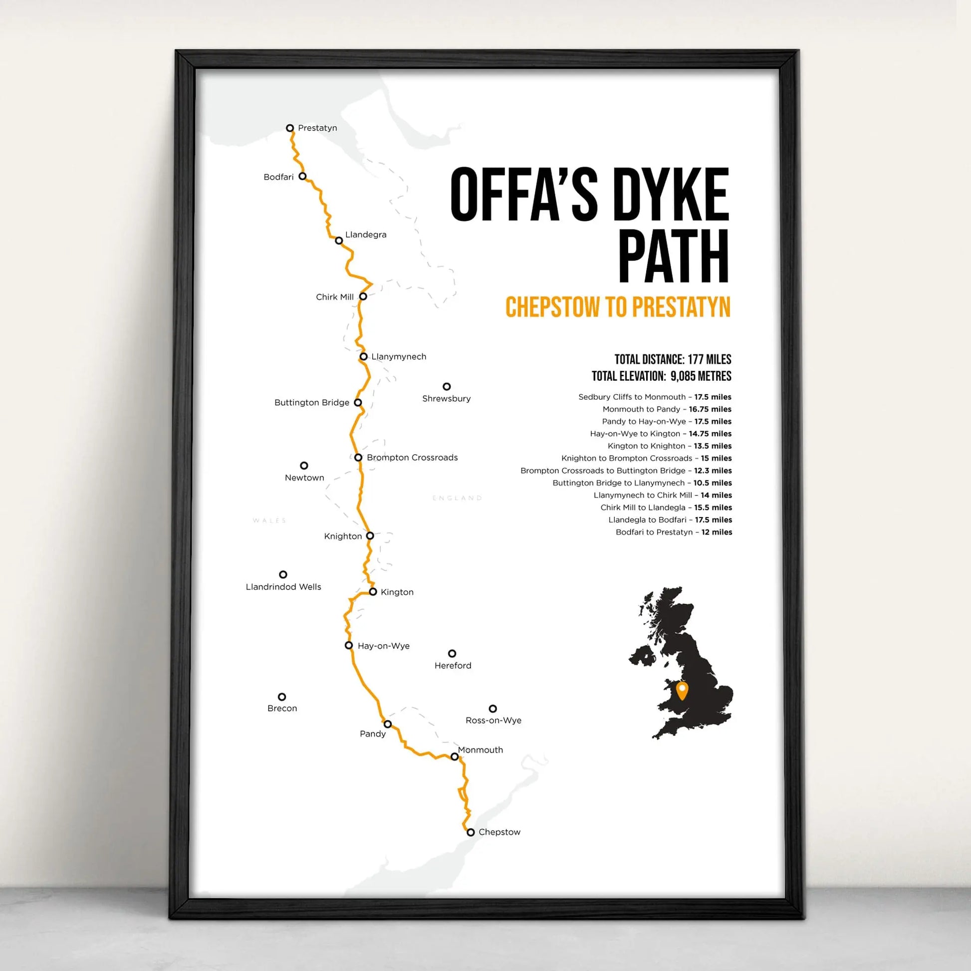 Offa's Dyke Path National Trail Map Art Print in orange from Purest Green Prints