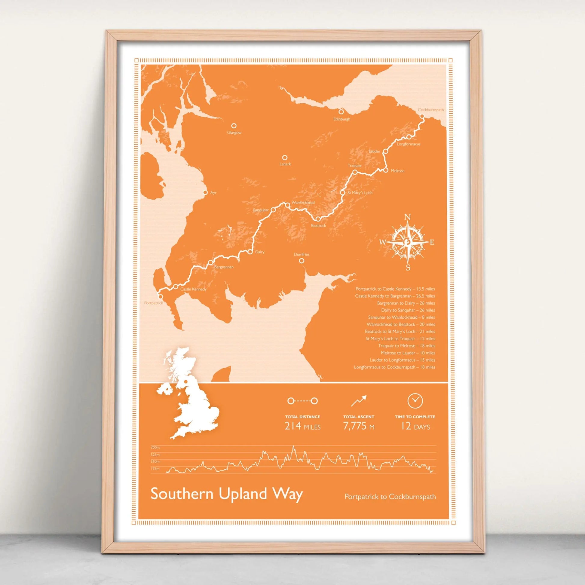 Southern Upland Way Scotlands Great Trail Personalised Map Art Print in orange from Purest Green Prints