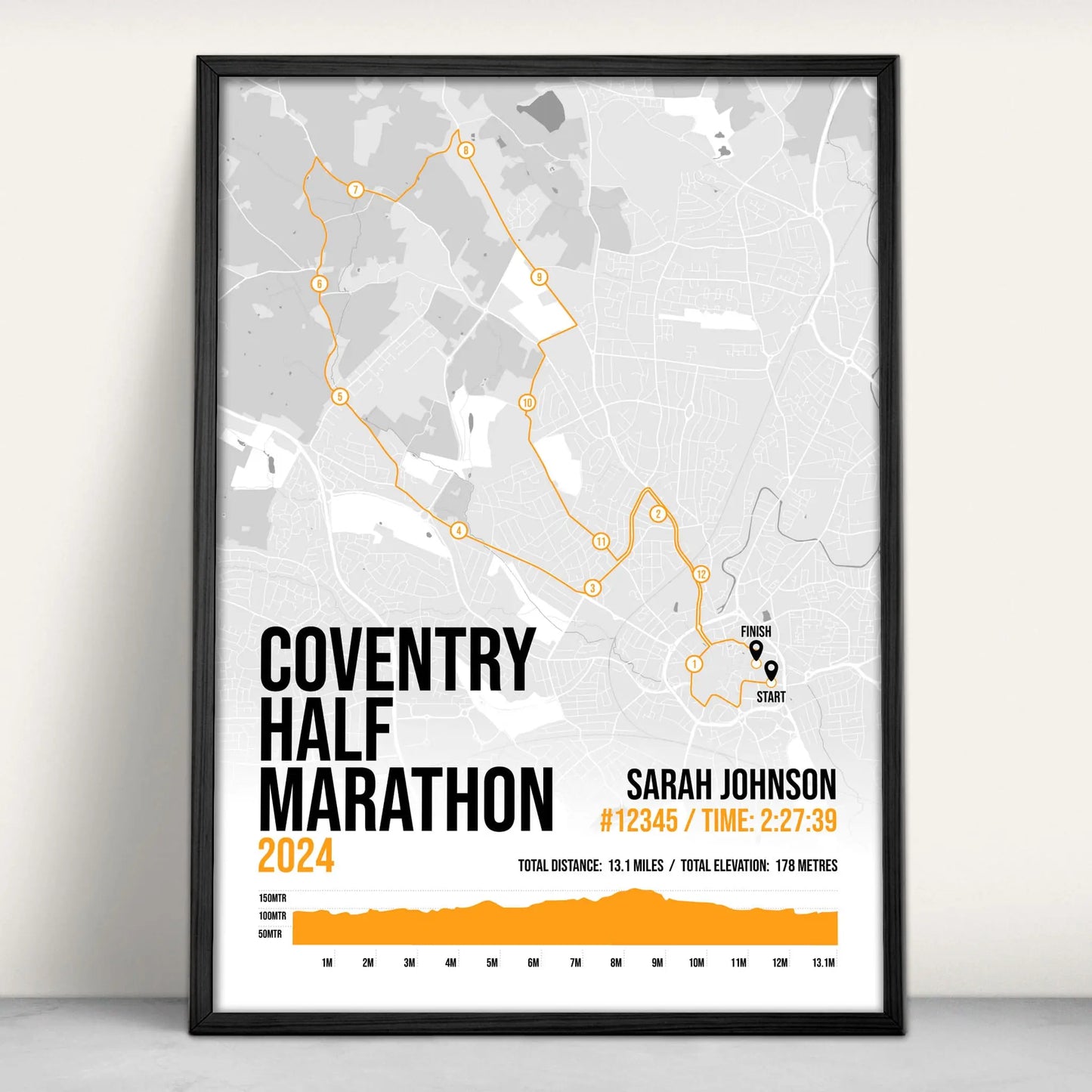 Personalised Coventry Half Marathon Art Print in orange from Purest Green Prints.