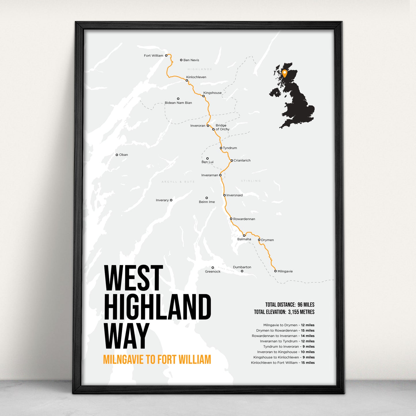 West Highland Way Scottish Trail Map Art Print in orange from Purest Green Prints.