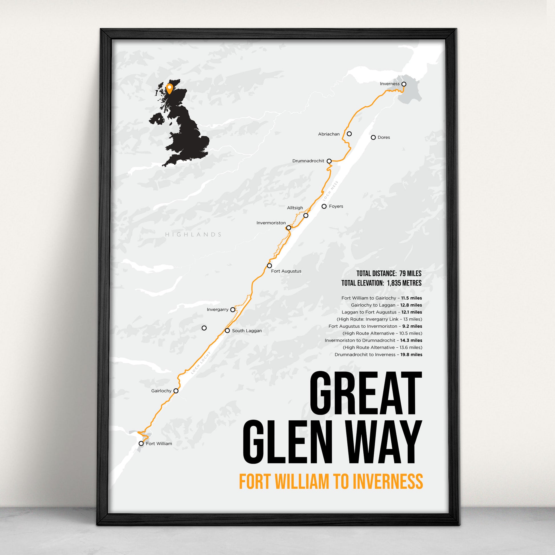 Great Glen Way Scottish Trail Map Art Print in orange from Purest Green Prints.