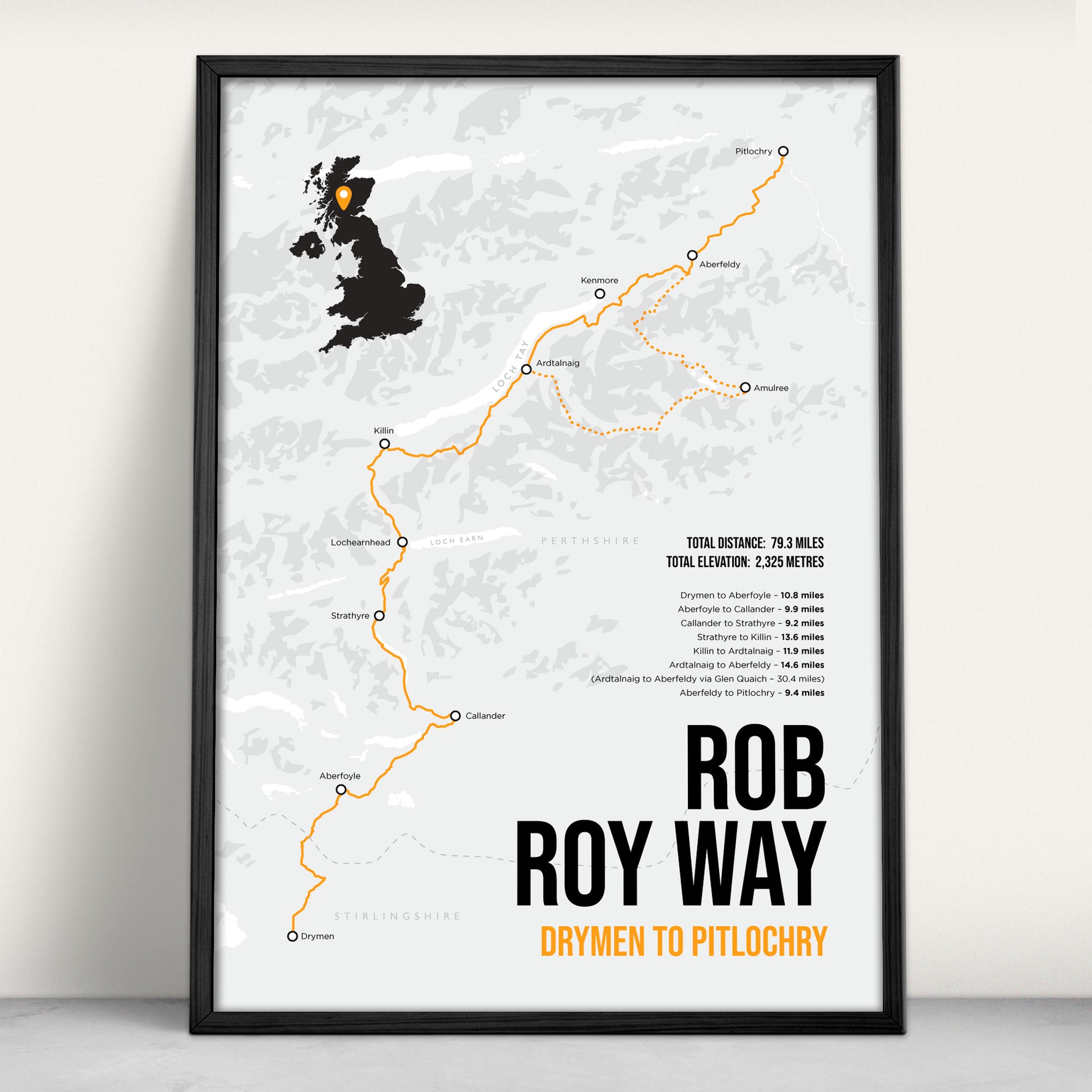 Rob Roy Way Scottish Trail Map Art Print in orange from Purest Green Prints.