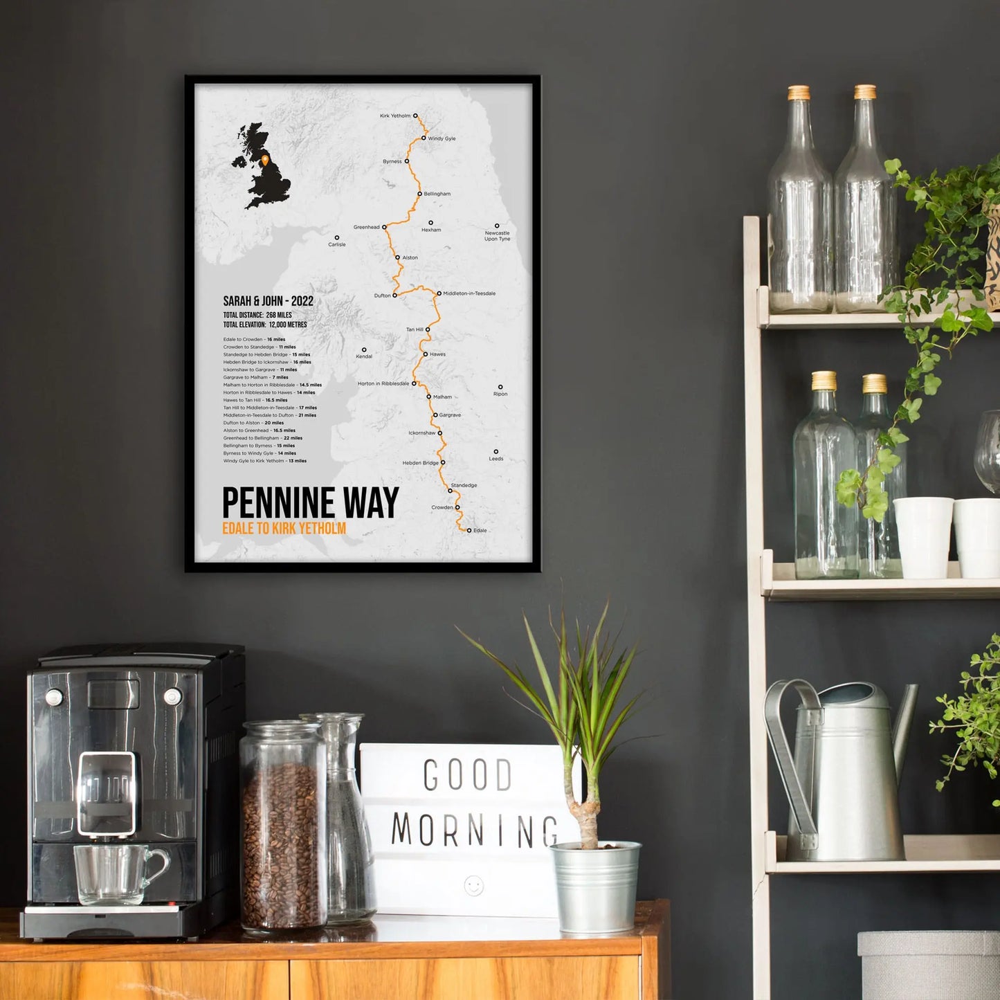 Print hanging on dark grey kitchen wall above a worktop