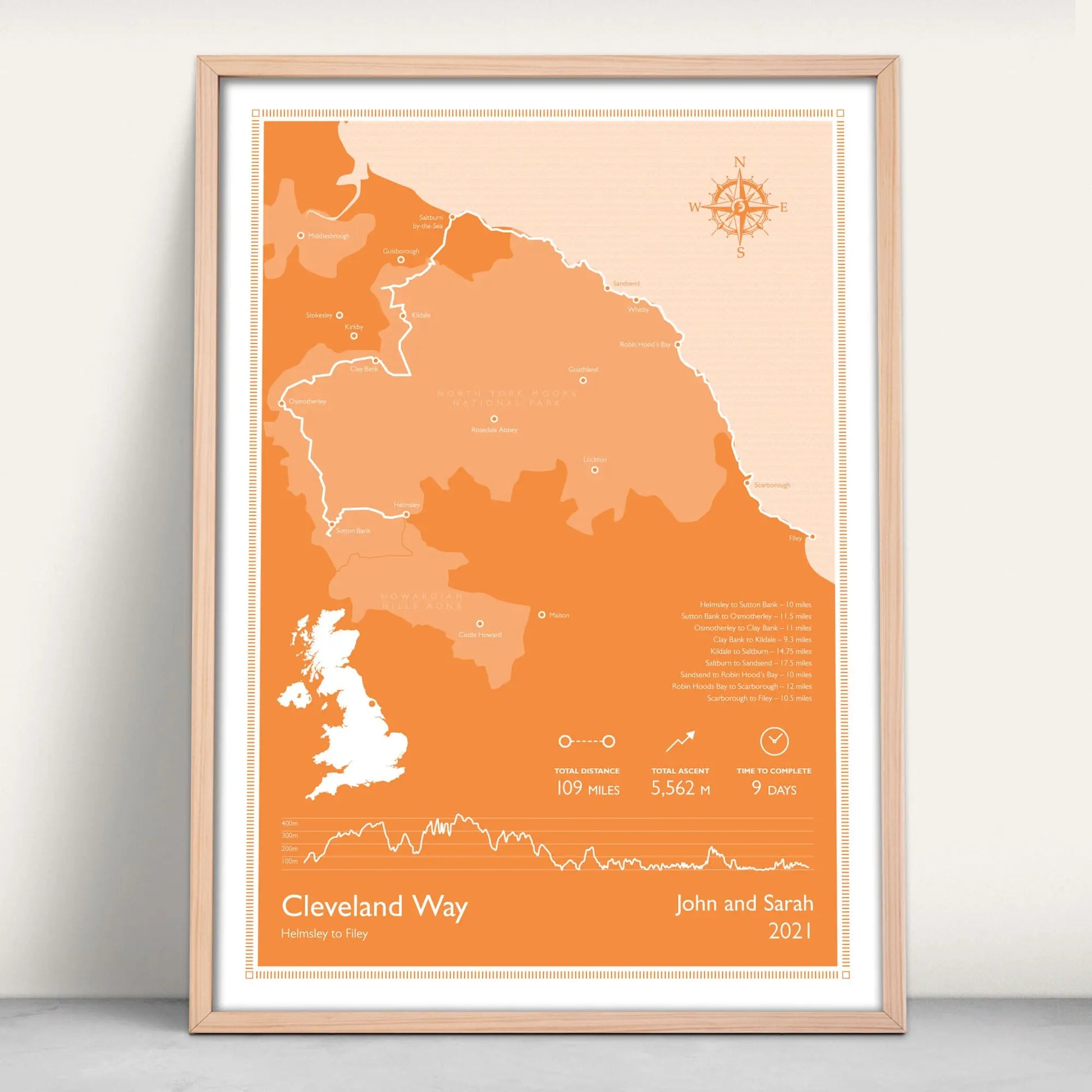 Cleveland Way National Trail Personalised Map Art Print in orange from Purest Green Prints