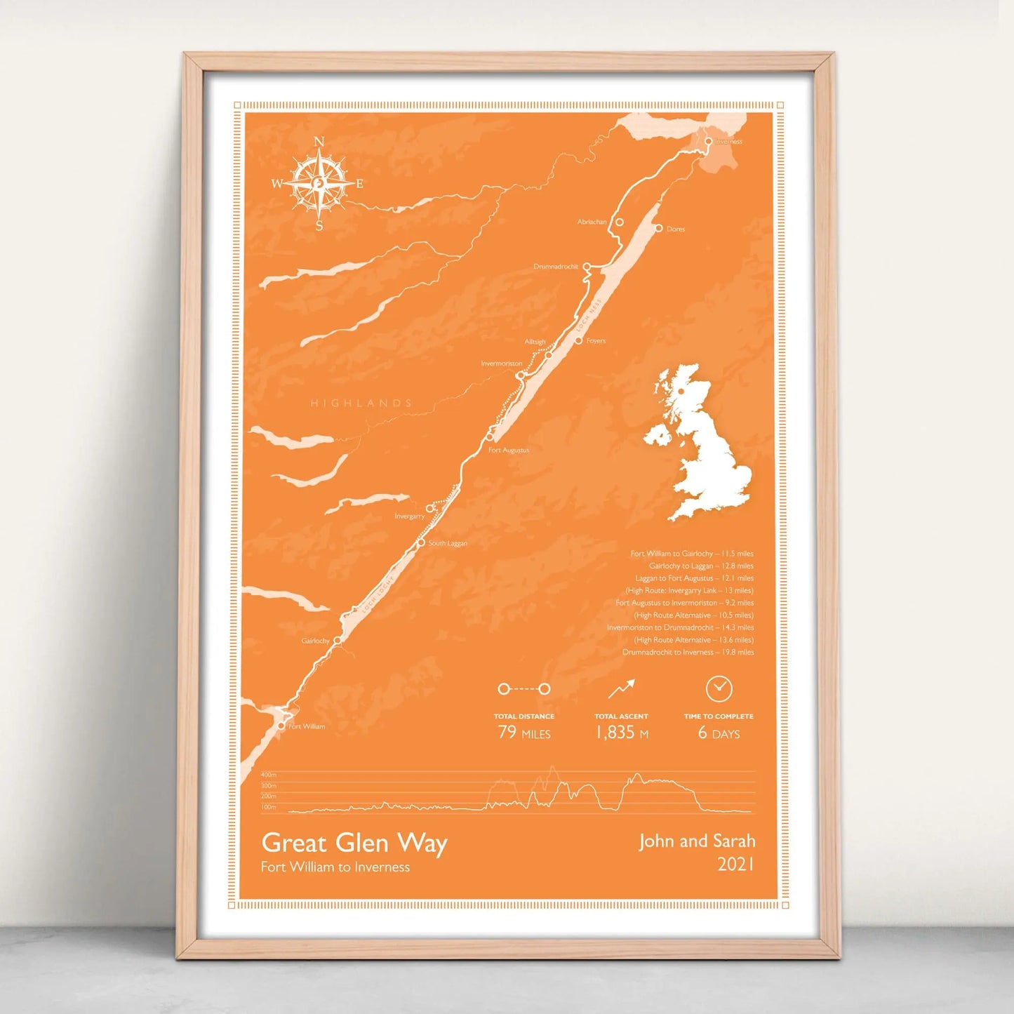 Great Glen Way Scottish Great Trail personalised art print in orange from Purest Green Prints