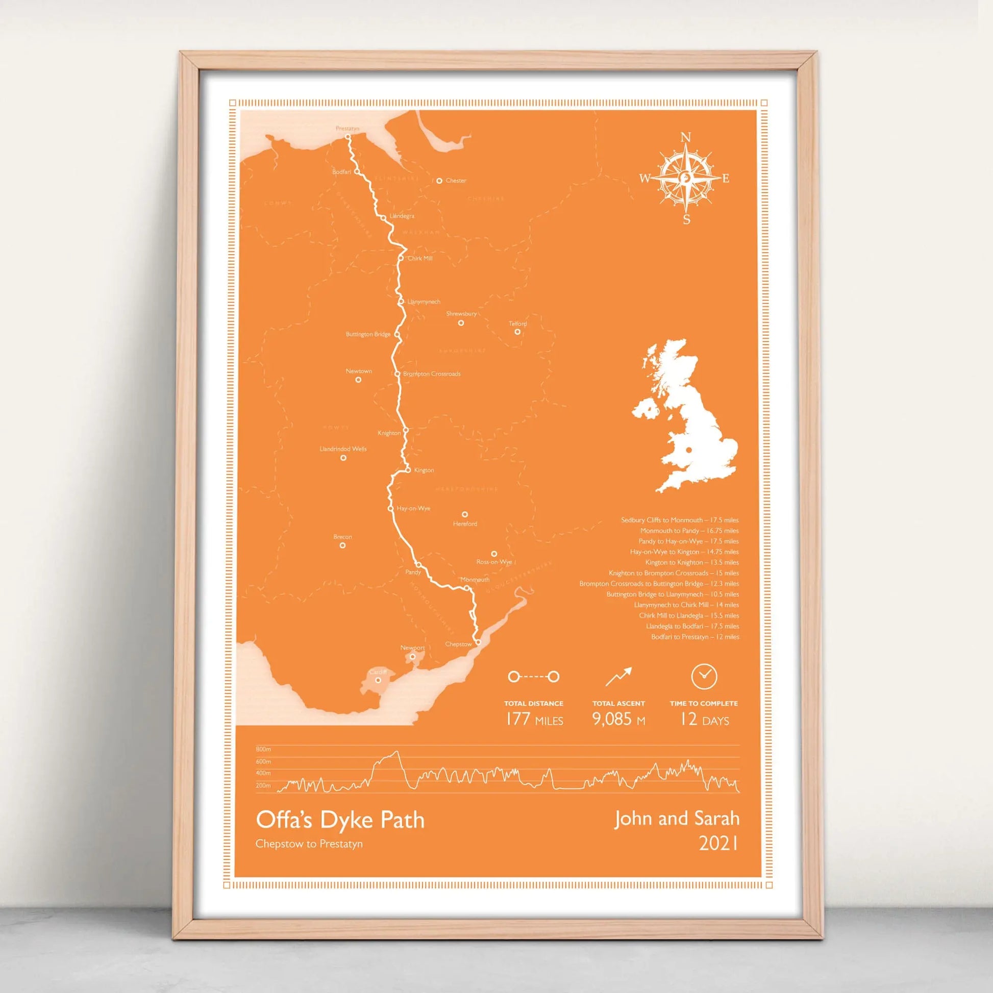 Offa's Dyke Path National Trail Personalised Map Art Print in orange from Purest Green Prints