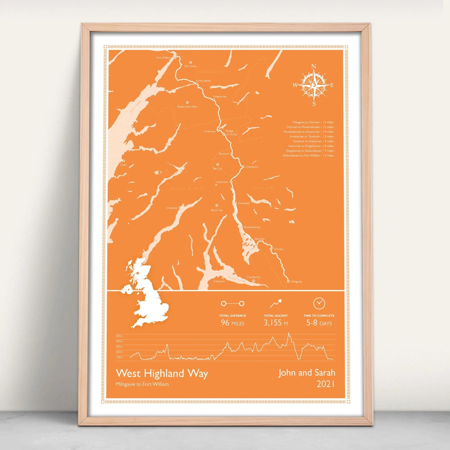 West Highland Way Scotlands Great Trail Personalised Map Art Print in orange from Purest Green Prints