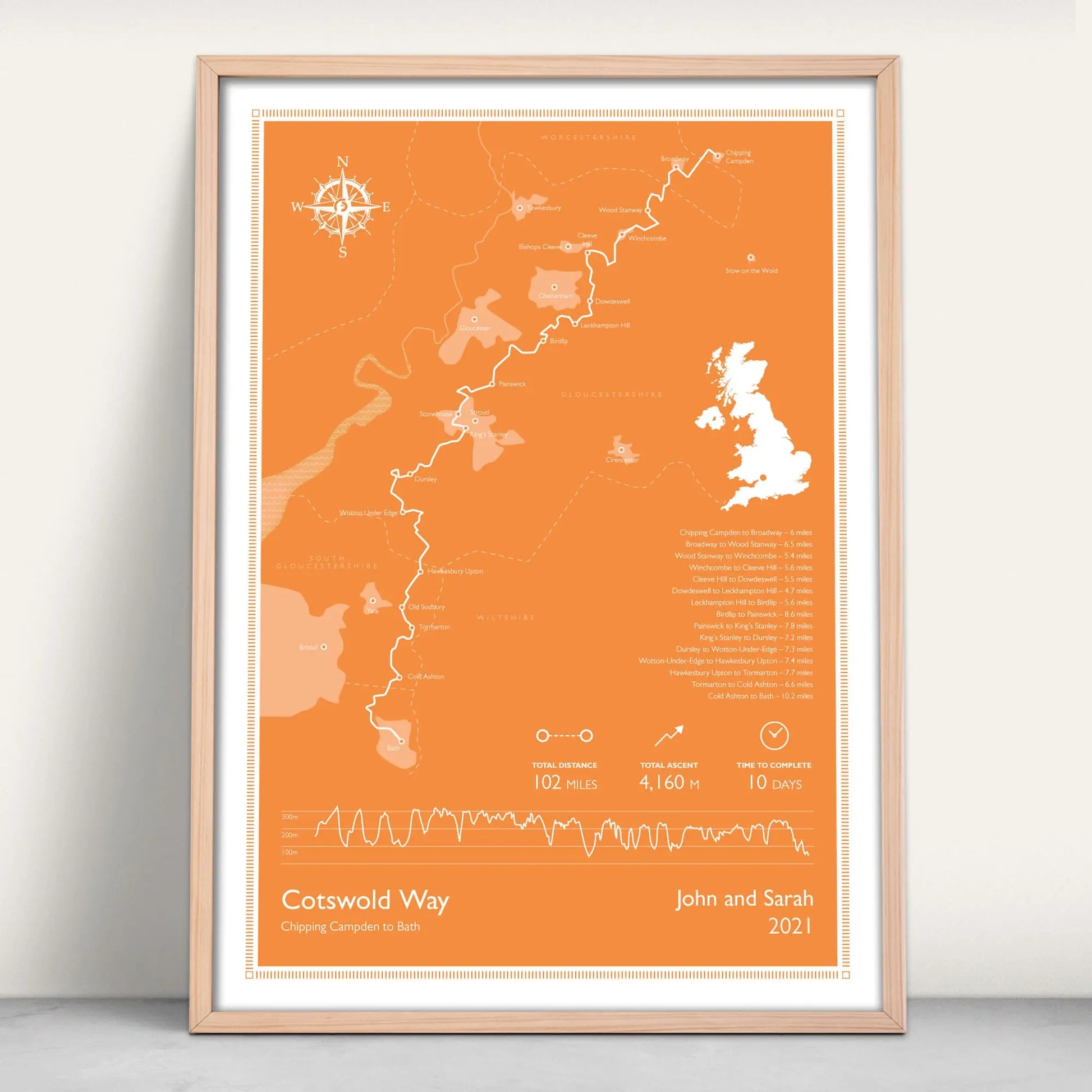 Cotswold Way National Trail Personalised Map Art Print in orange from Purest Green Prints