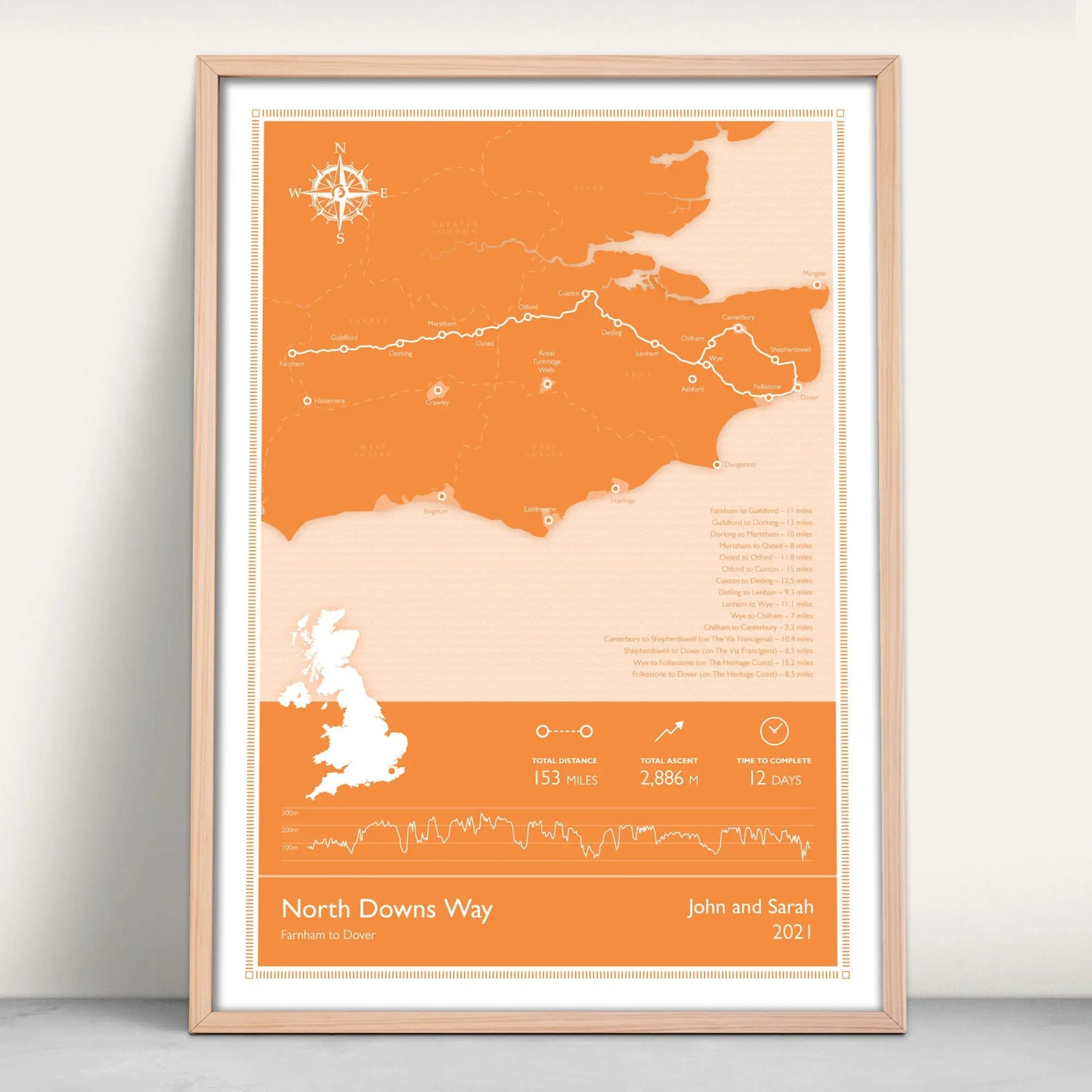 North Downs Way National Trail Personalised Map Art Print in orange from Purest Green Prints