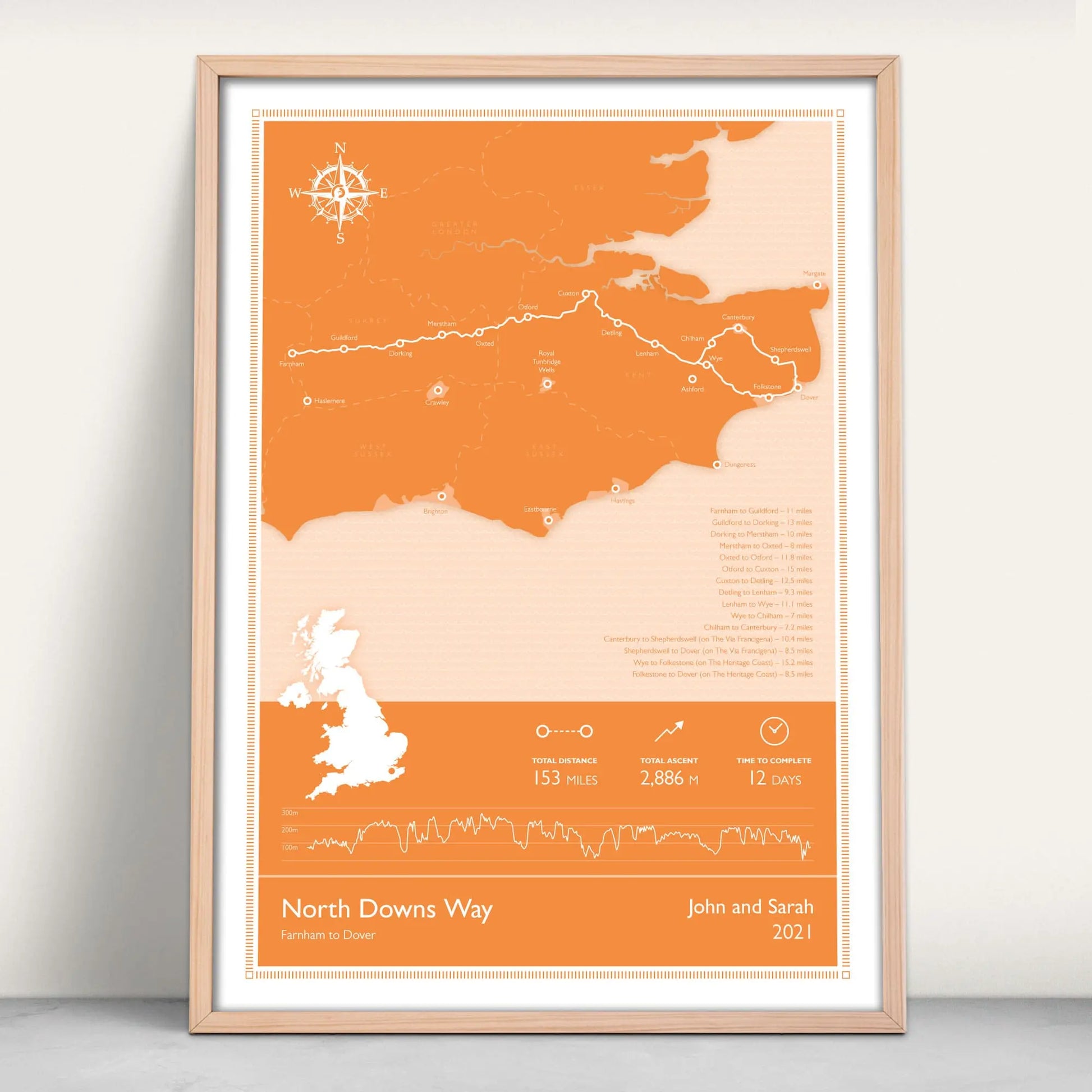 North Downs Way National Trail Personalised Map Art Print in orange from Purest Green Prints