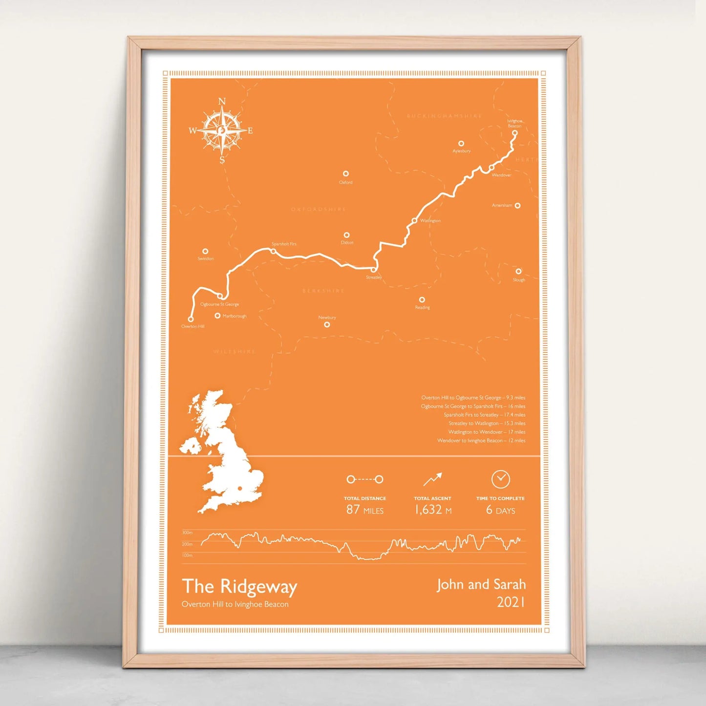 The Ridgeway National Trail Personalised Map Art Print in orange from Purest Green Prints