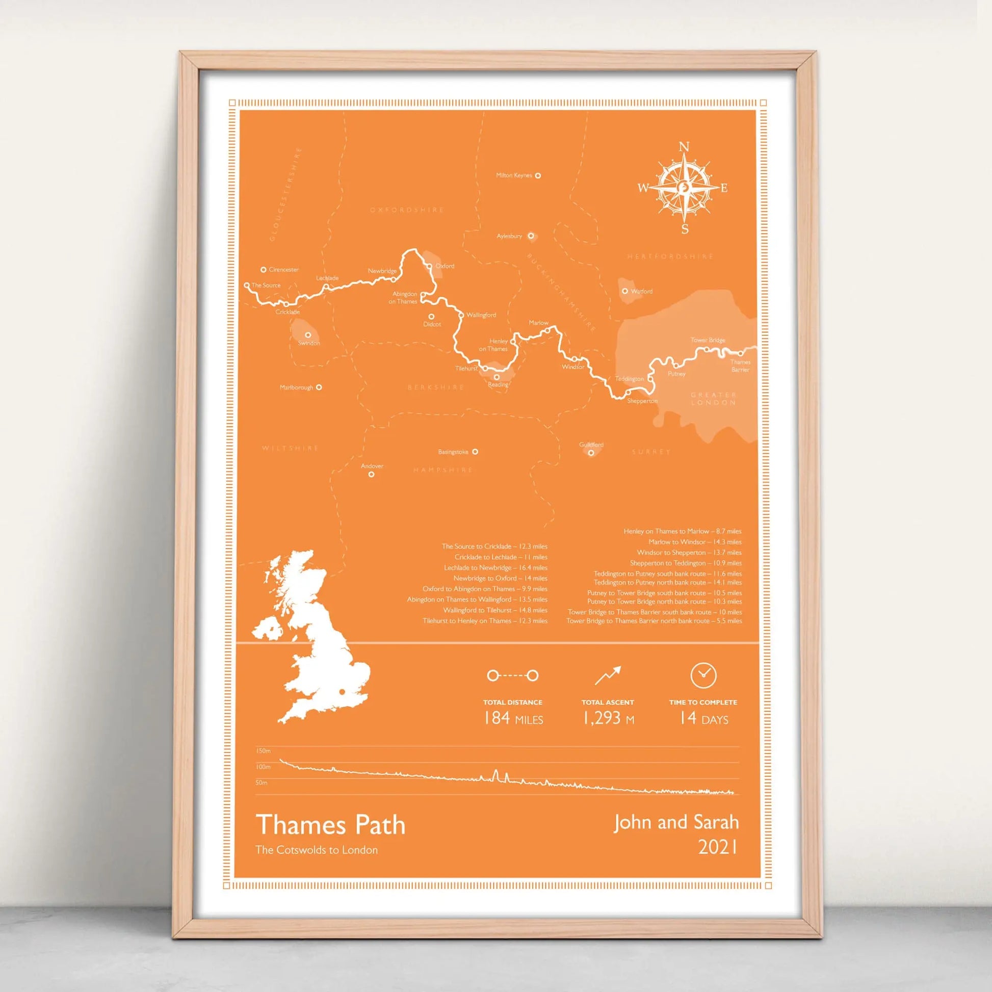 Thames Path National Trail Personalised Map Art Print in orange from Purest Green Prints