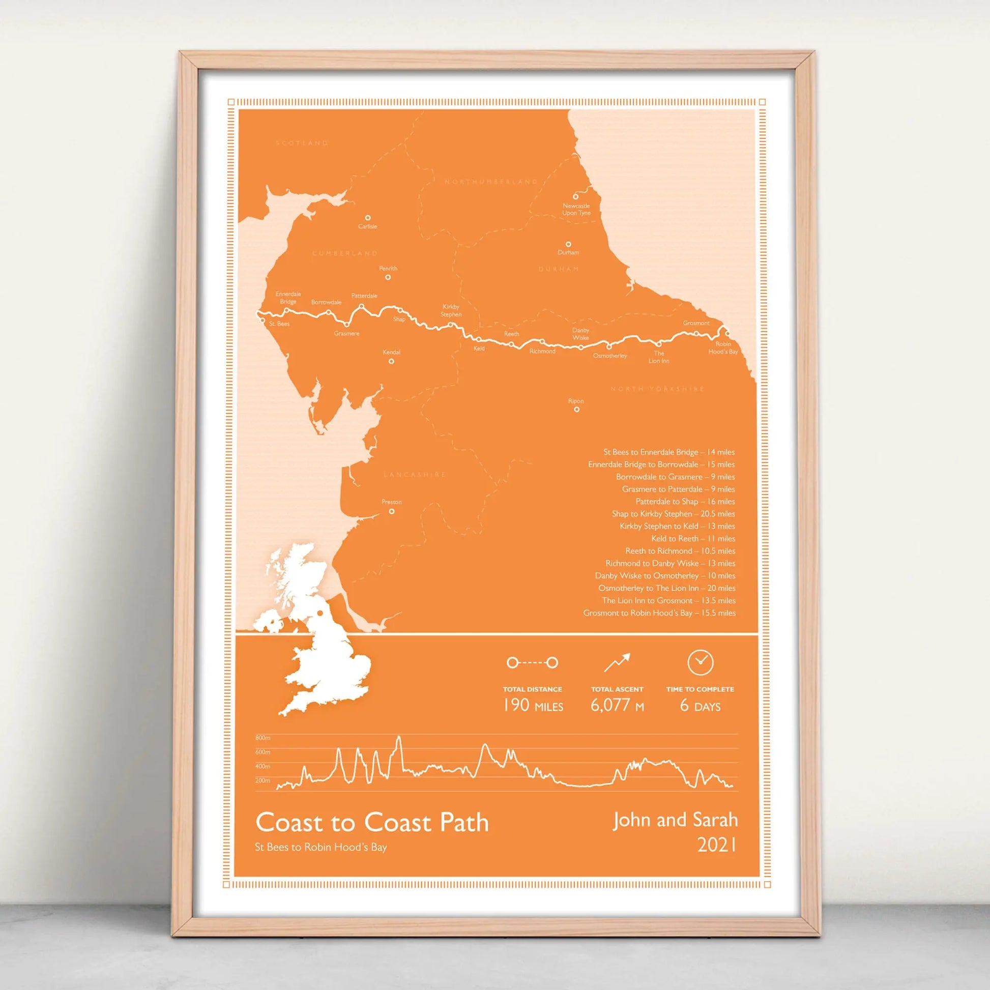 Coast to Coast Path National Trail Personalised Map Art Print in orange from Purest Green Prints