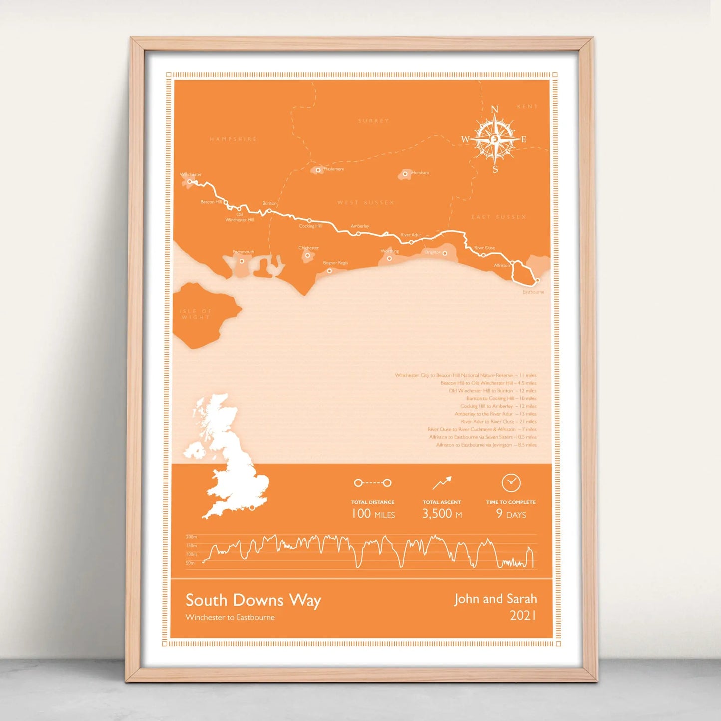 South Downs Way National Trail Map Personalised Art Print in orange from Purest Green Prints