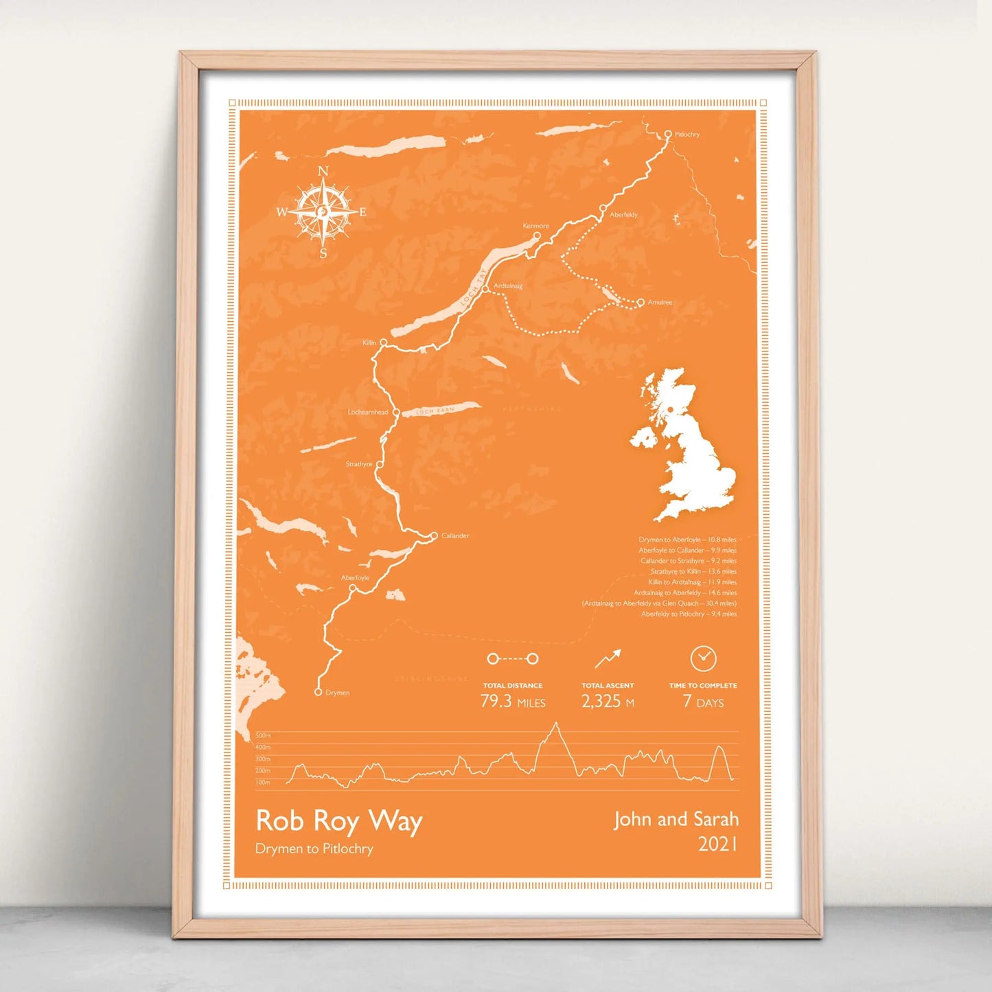 Rob Roy Way Scottish Great Trail personalised art print in orange from Purest Green Prints