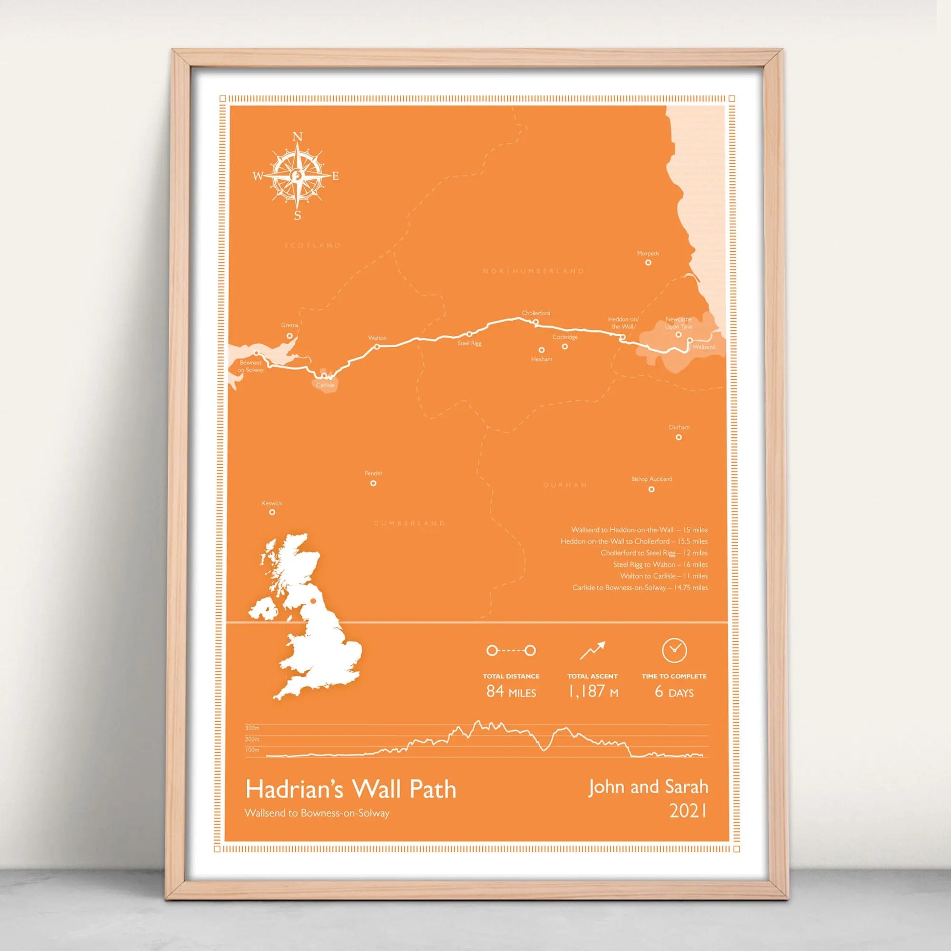 Hadrian's Wall Path National Trail Personalised Map Art Print in orange from Purest Green Prints