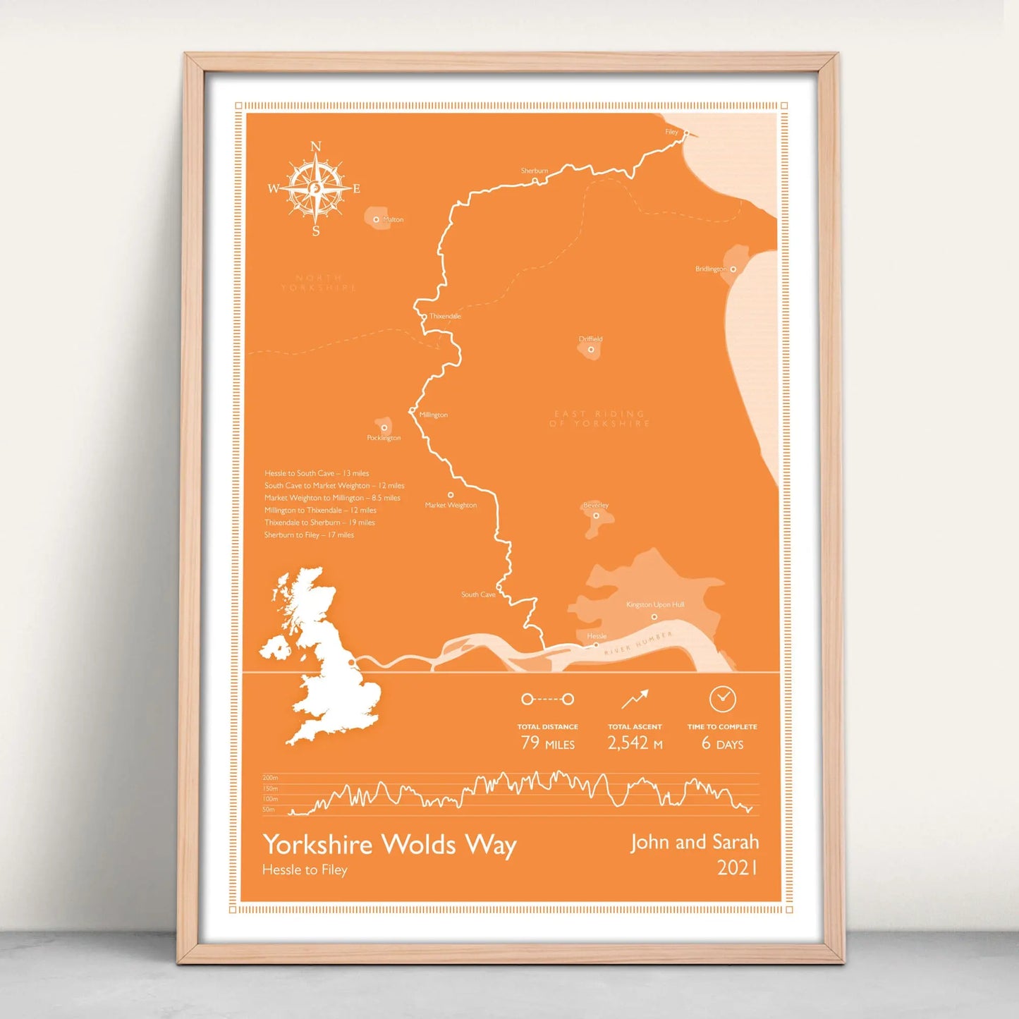 Yorkshire Wolds Way National Trail personalised art print in orange from Purest Green Prints