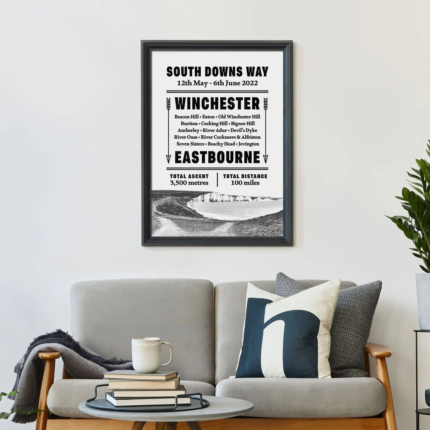 Framed print on wall above a sofa covered in cushions with a coffee table in front.