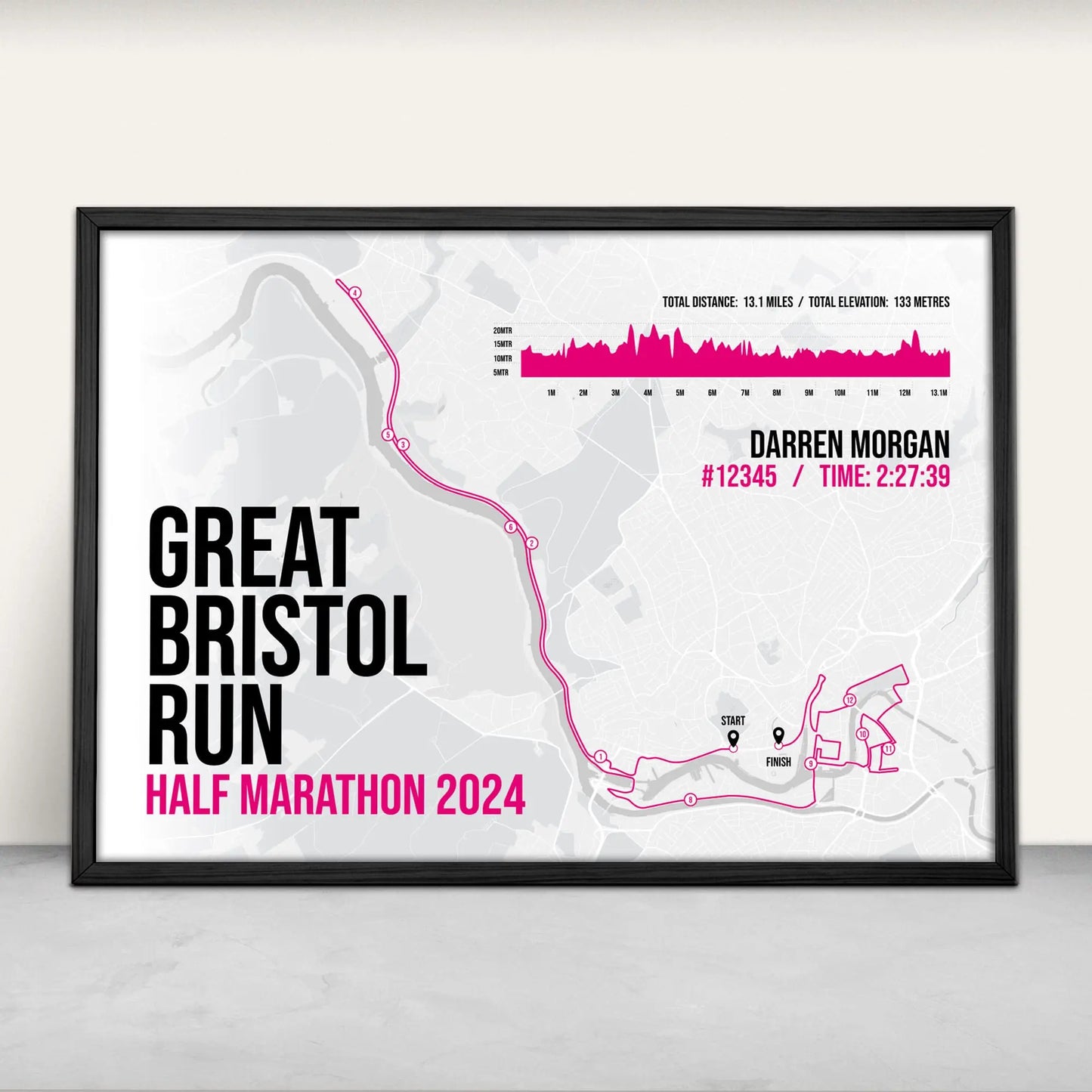 Personalised Great Bristol Run Half Marathon route map and elevation art print in pink from Purest Green Prints. Please note the A5 size has a white border and is not full bleed.