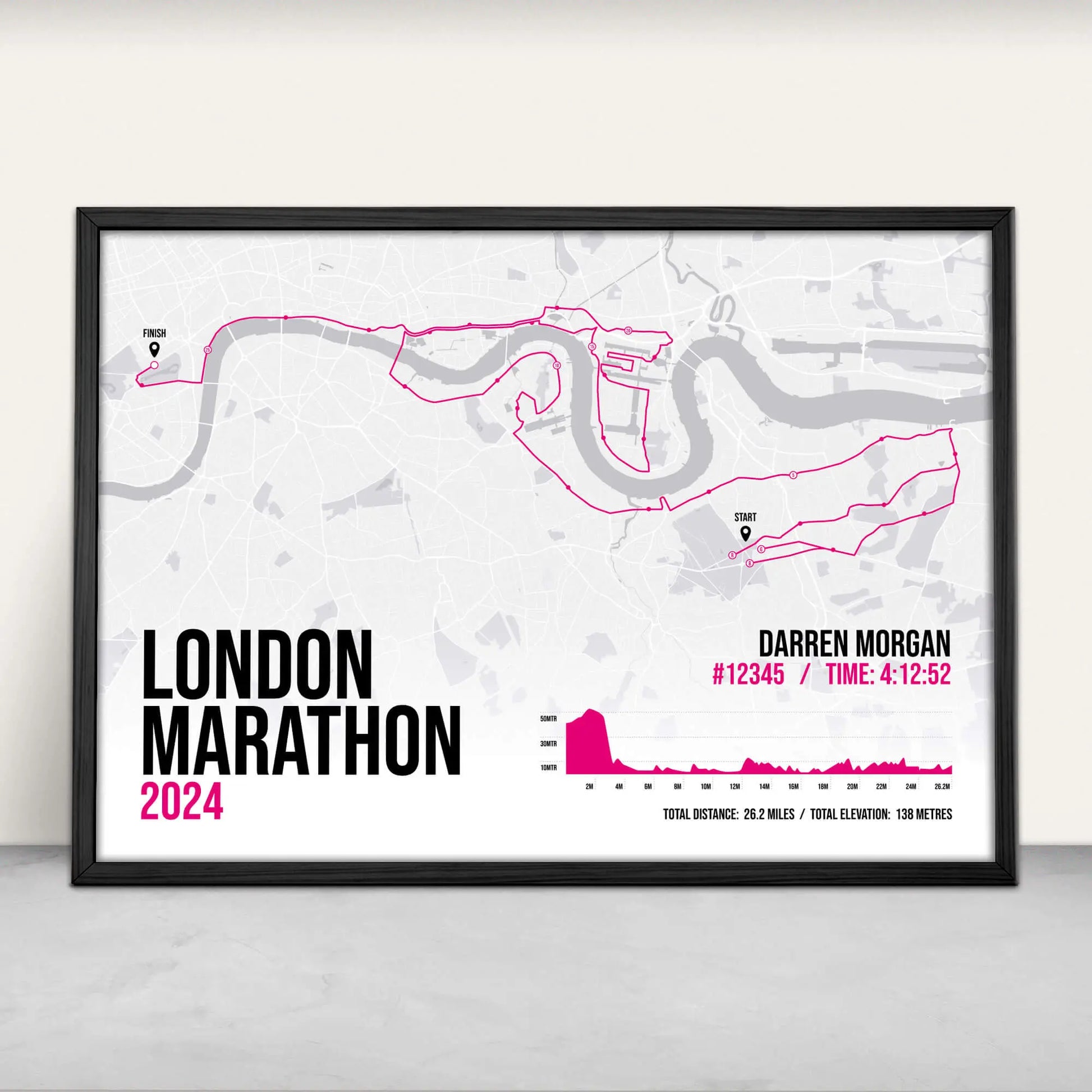 Personalised London Marathon route map print in pink from Purest Green Prints