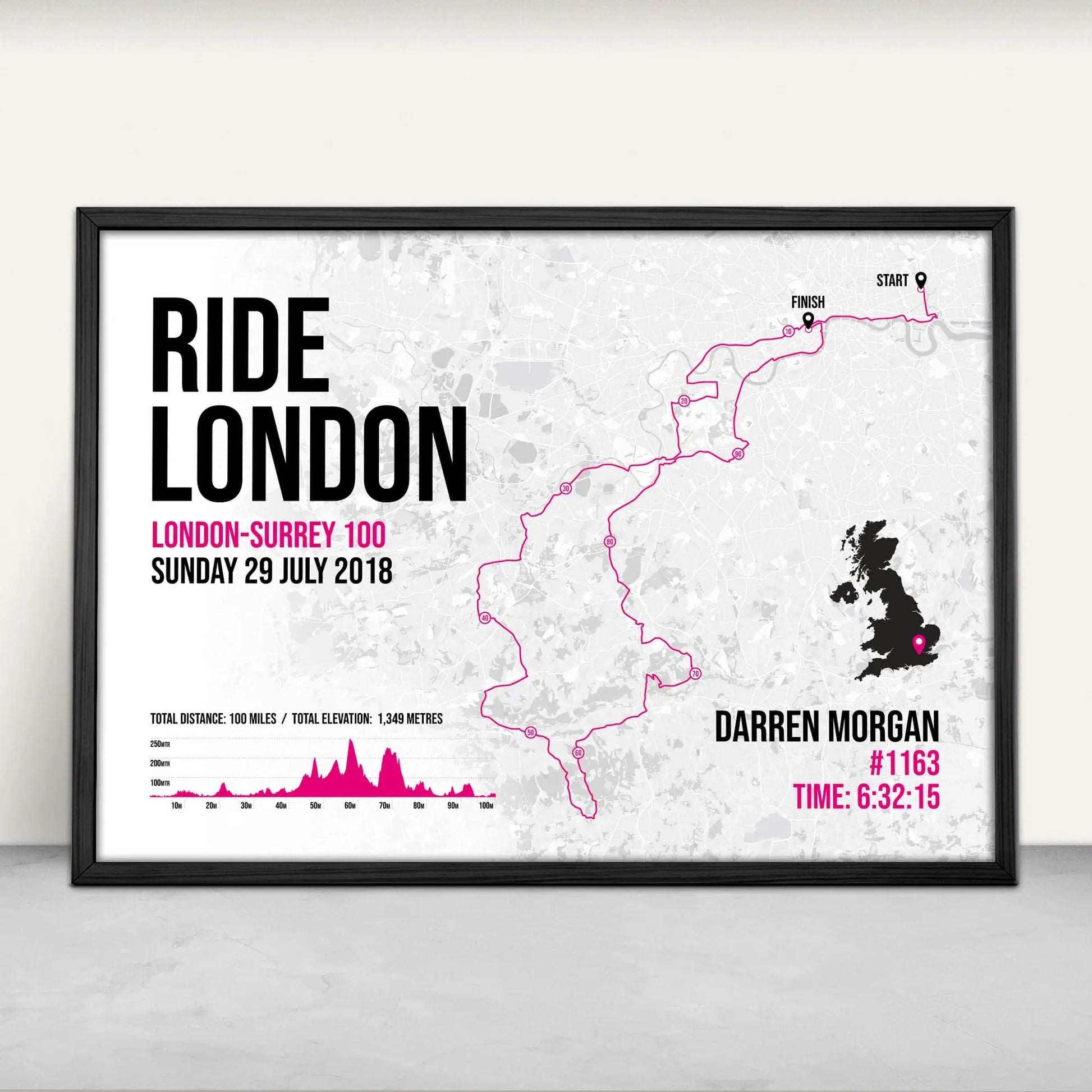 Personalised Ride London-Surrey 100 Art Print in pink from Purest Green Prints