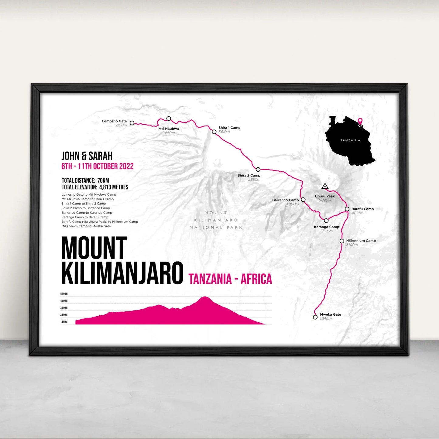 Personalised Mount Kilimanjaro art print in pink from Purest Green Prints.