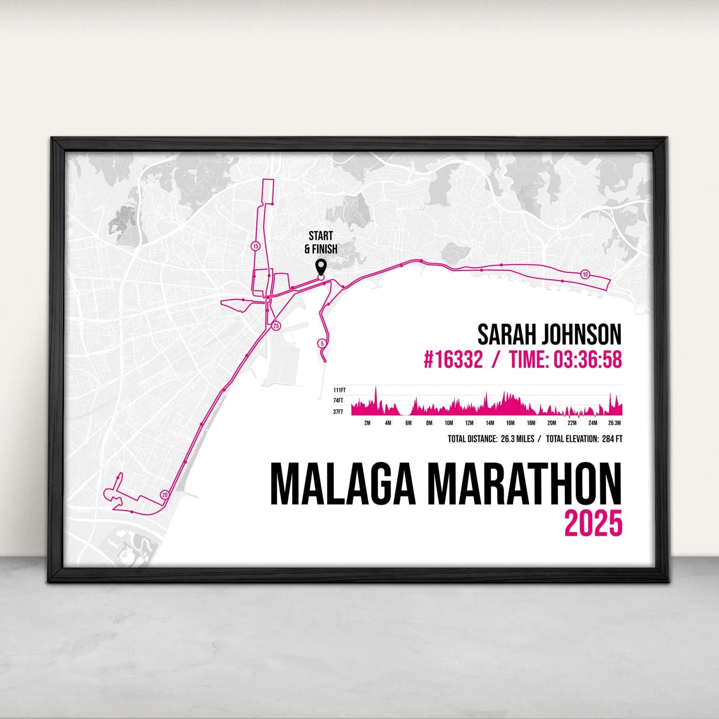 Personalised Malaga Marathon route map print in pink from Purest Green Prints
