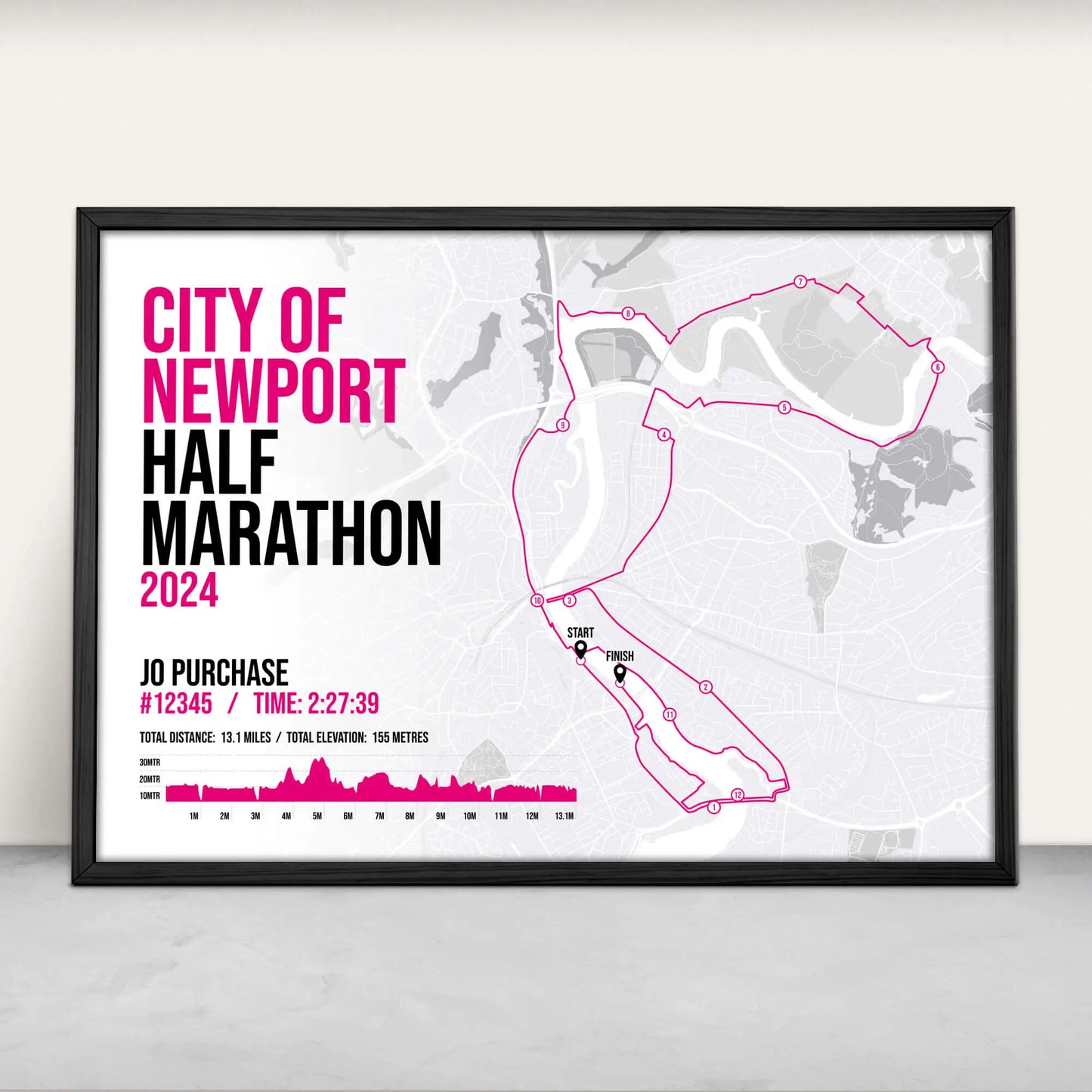 City of Newport Half Marathon Personalised Art Print in pink from Purest Green Prints.