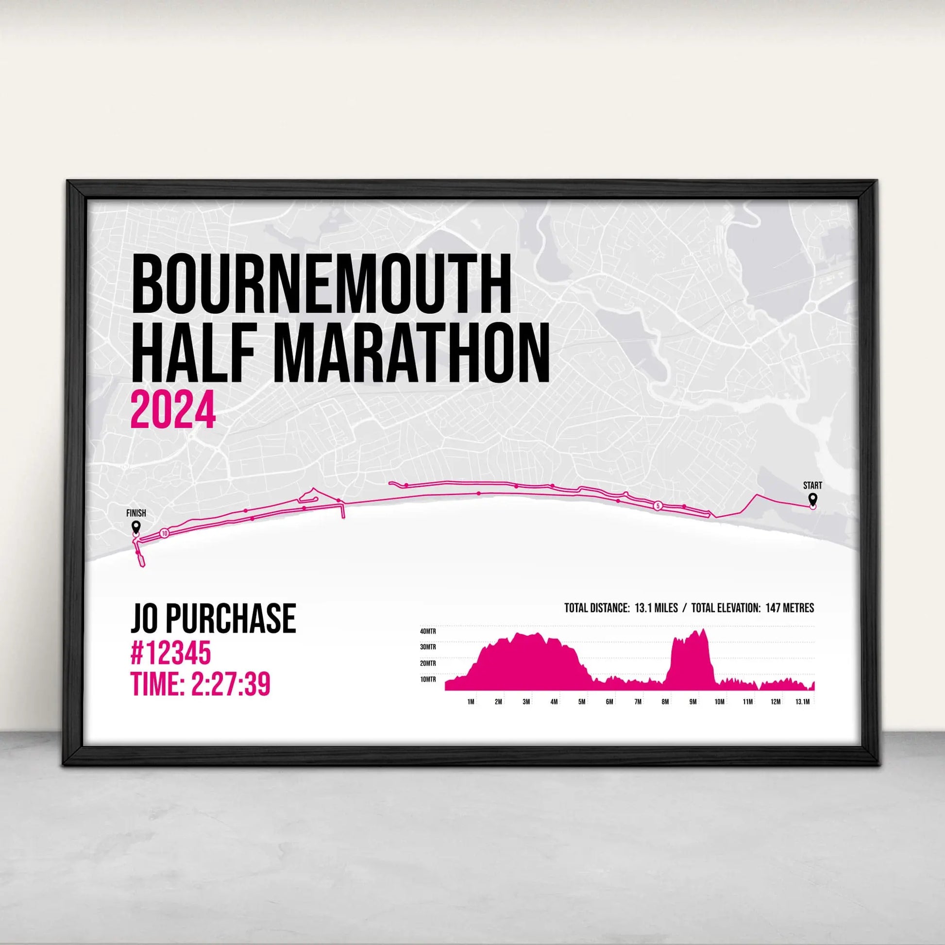 Personalised Bournemouth Half Marathon Art Print in pink from Purest Green Prints.