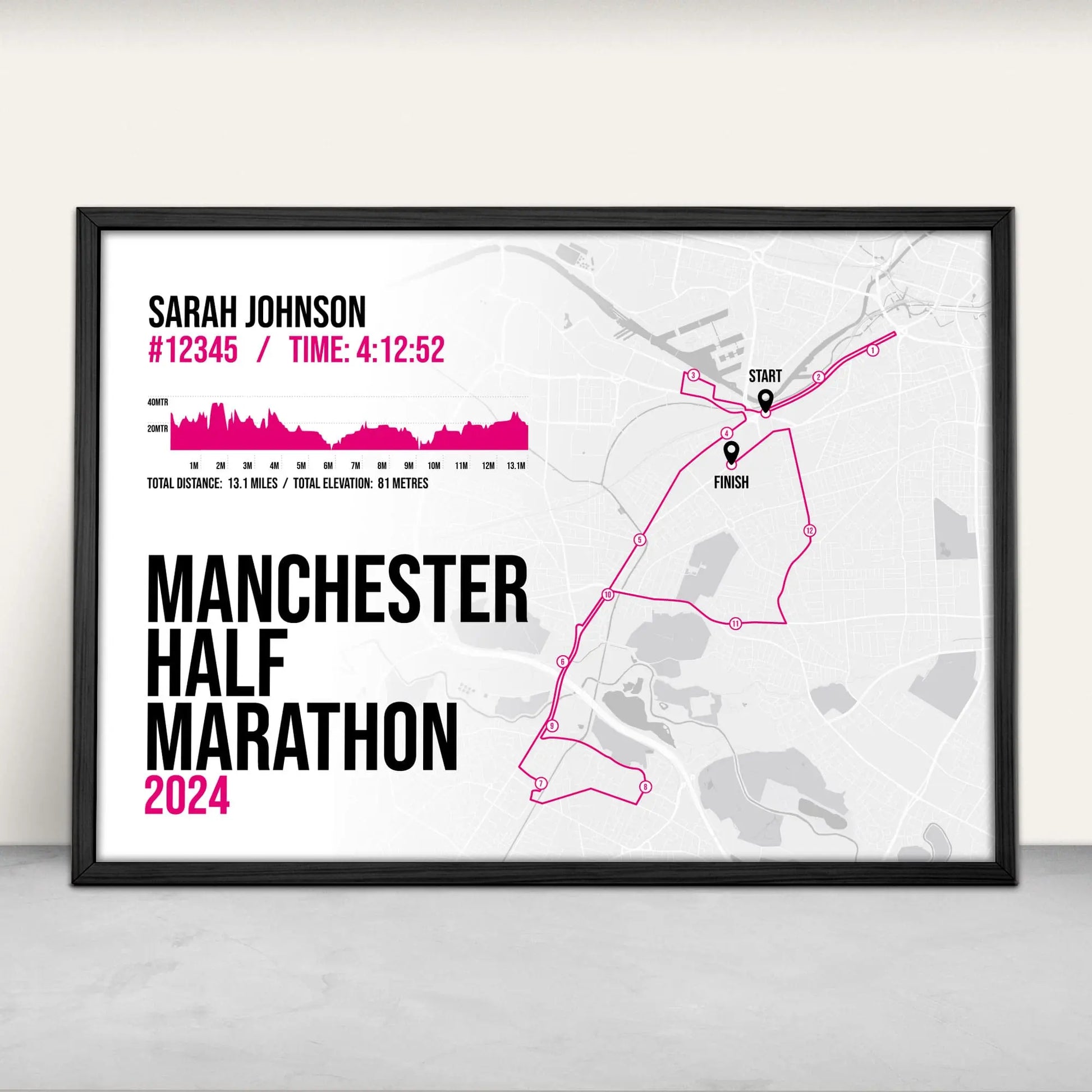 Personalised Manchester Half Marathon Art Print in pink from Purest Green Prints.