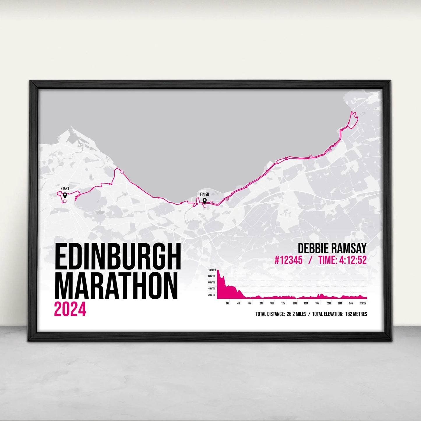 Personalised Edinburgh Marathon route map print in pink from Purest Green Prints