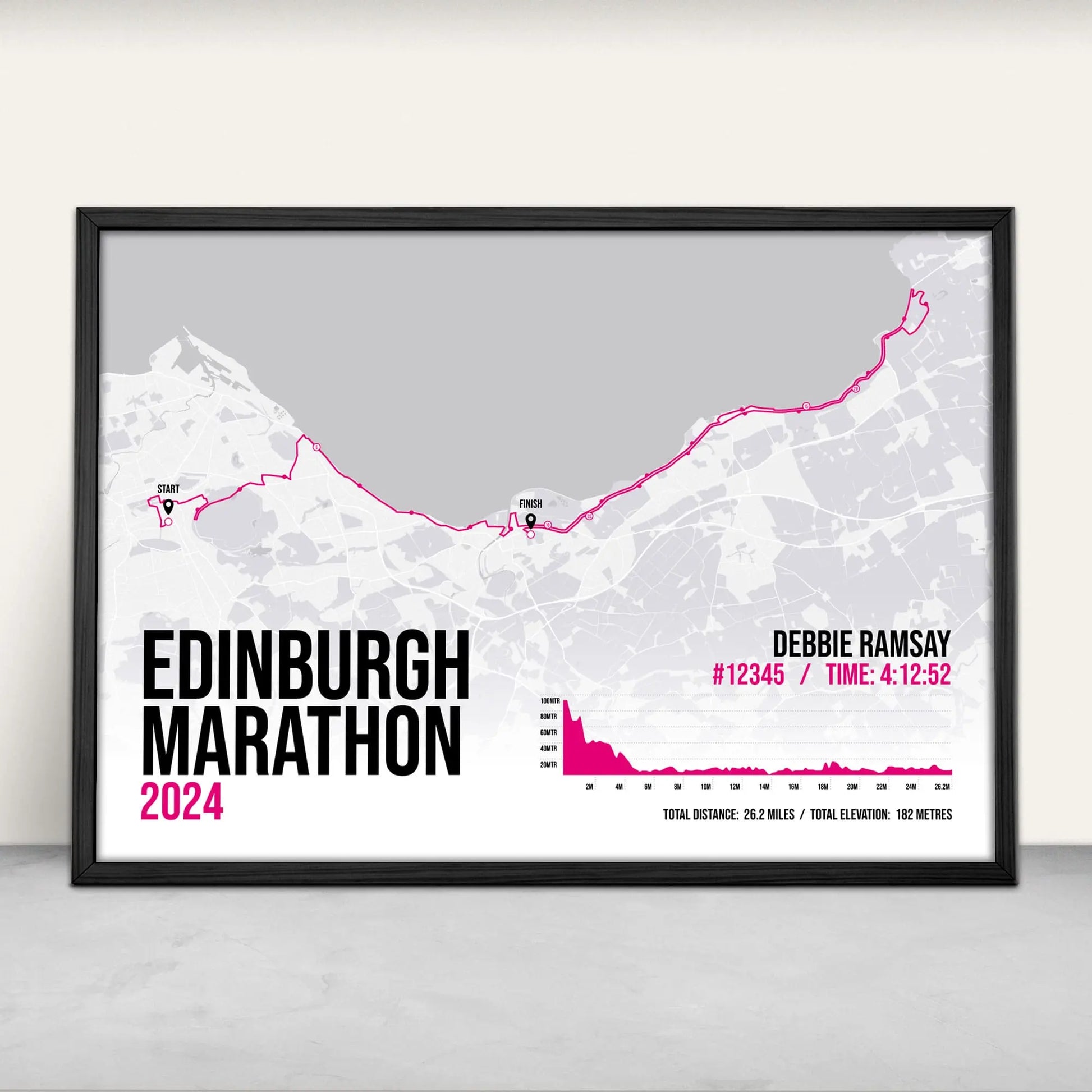 Personalised Edinburgh Marathon route map print in pink from Purest Green Prints