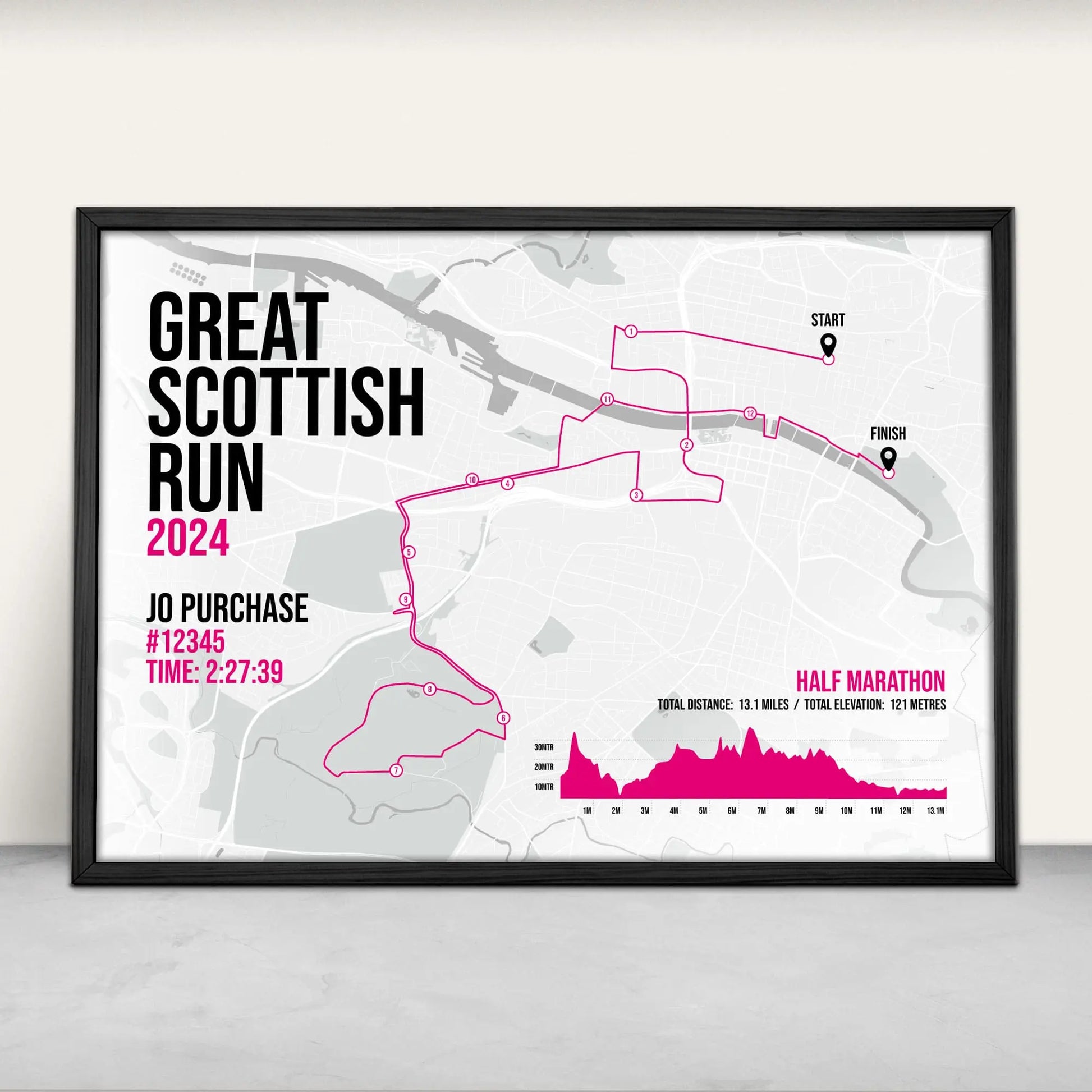 Personalised Great Scottish Run Half Marathon route map print in pink from Purest Green Prints