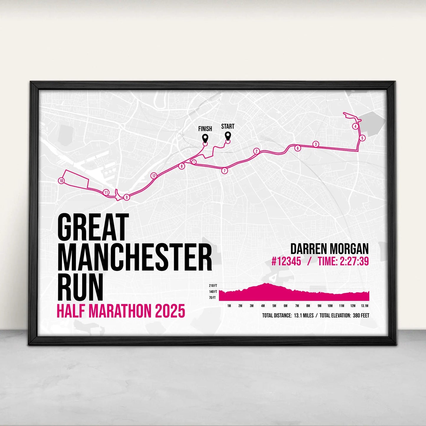 Personalised Great Manchester Run Half Marathon Art Print in pink from Purest Green Prints.