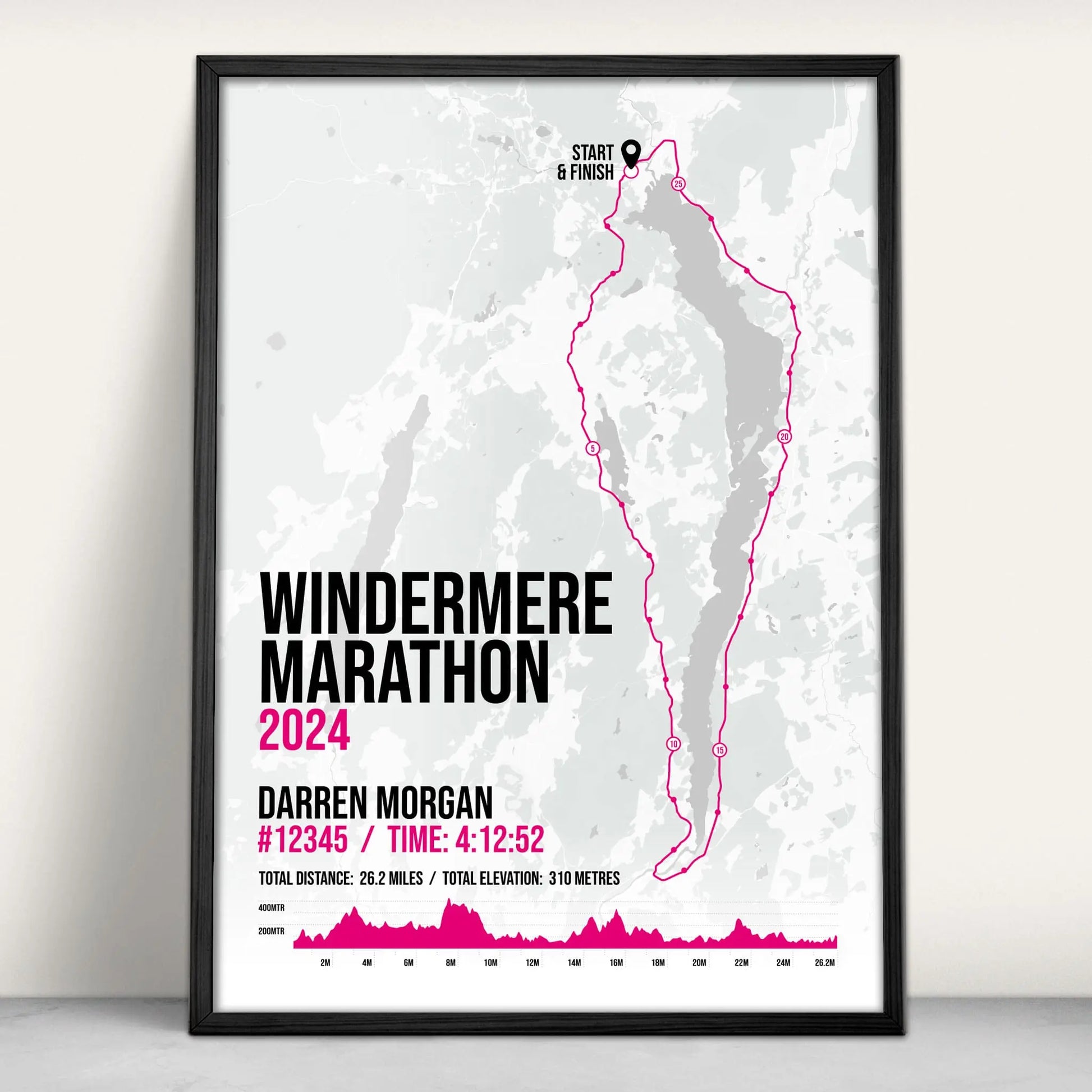 Lake Windermere Marathon Personalised Art Print in pink from Purest Green Prints