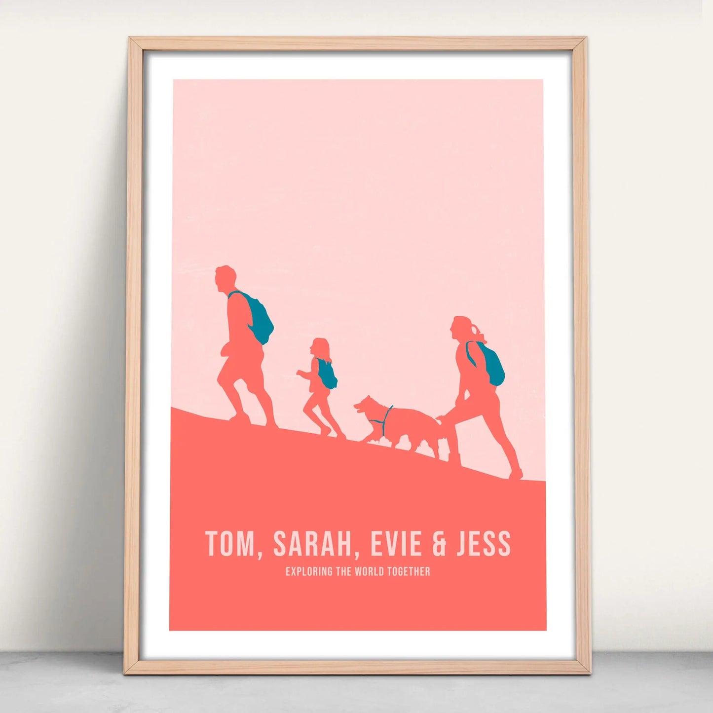 Personalised Family Portrait Hiking art print in pink and blue from Purest Green Prints.