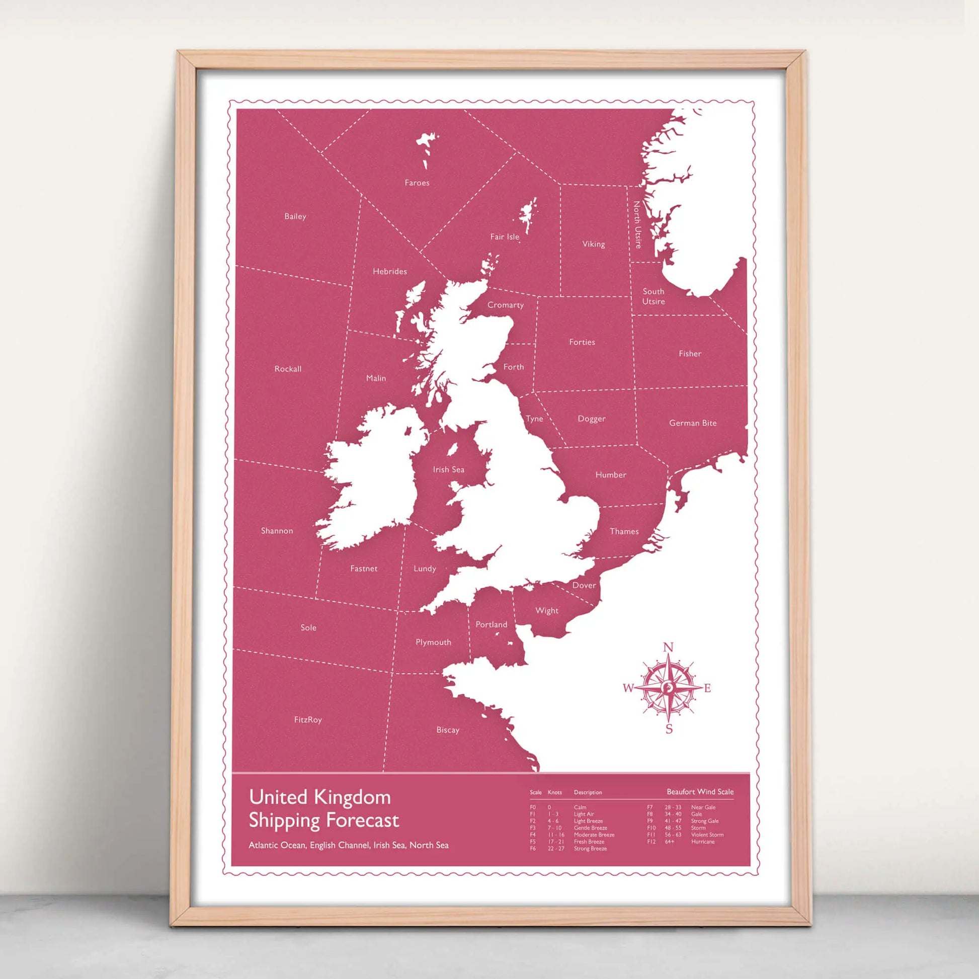 United Kingdom Shipping Forecast Map Art Print in pink from Purest Green Prints