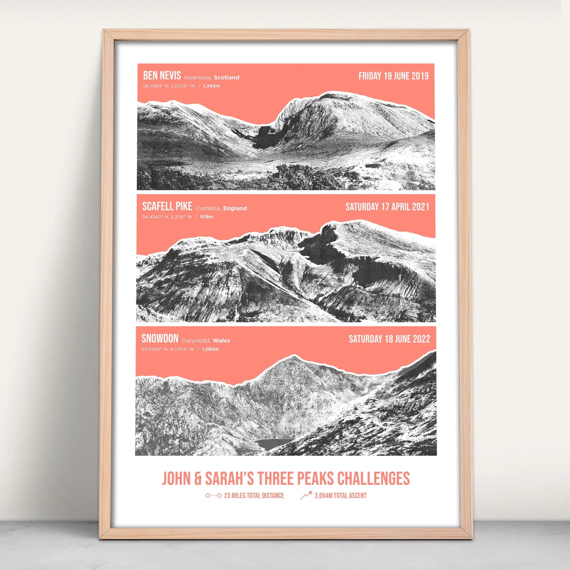 UK Three Peaks Challenge Personalised Art Print in pink from Purest Green Prints