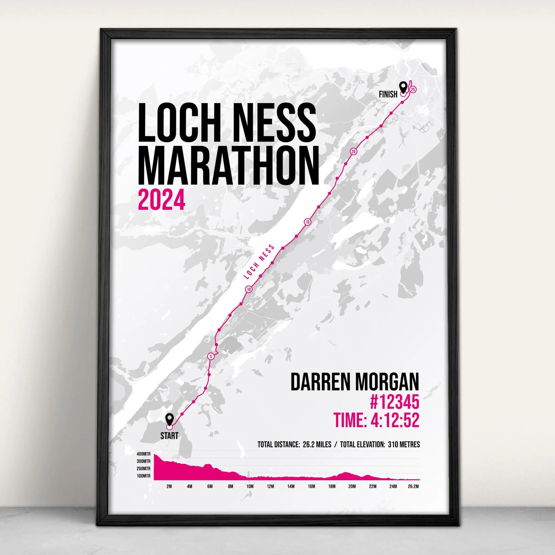 Personalised Loch Ness Marathon route map print in pink from Purest Green Prints.