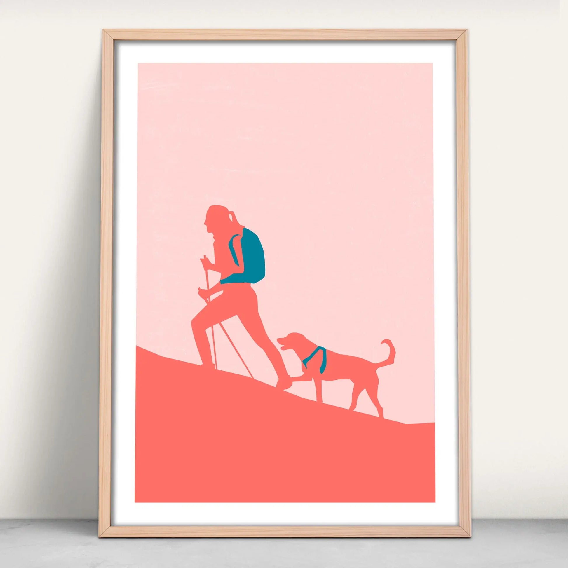 Personalised One woman (with poles) and her dog art print in pink and blue from Purest Green Prints