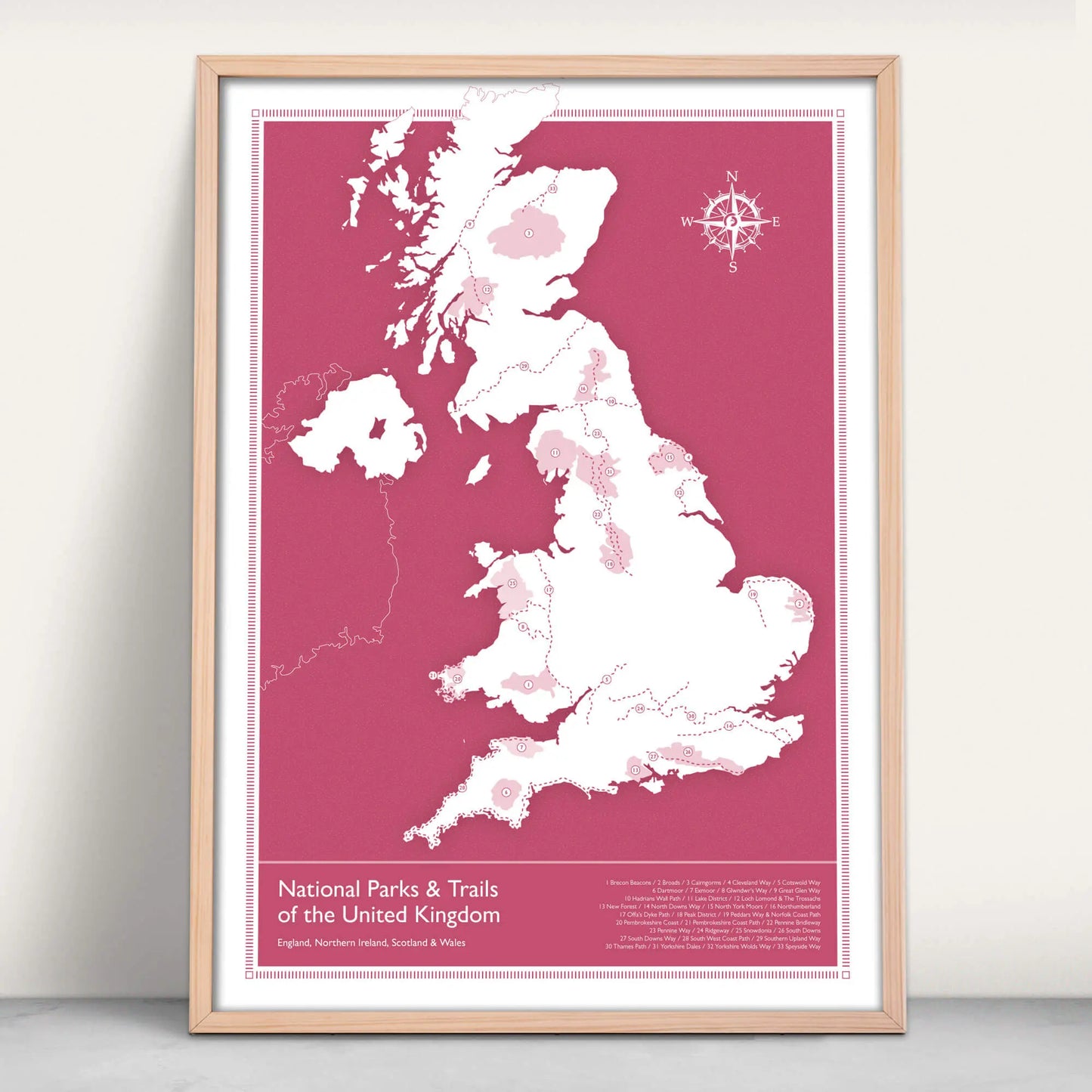 UK National Parks and Trails Map Art Print in pink from Purest Green Prints