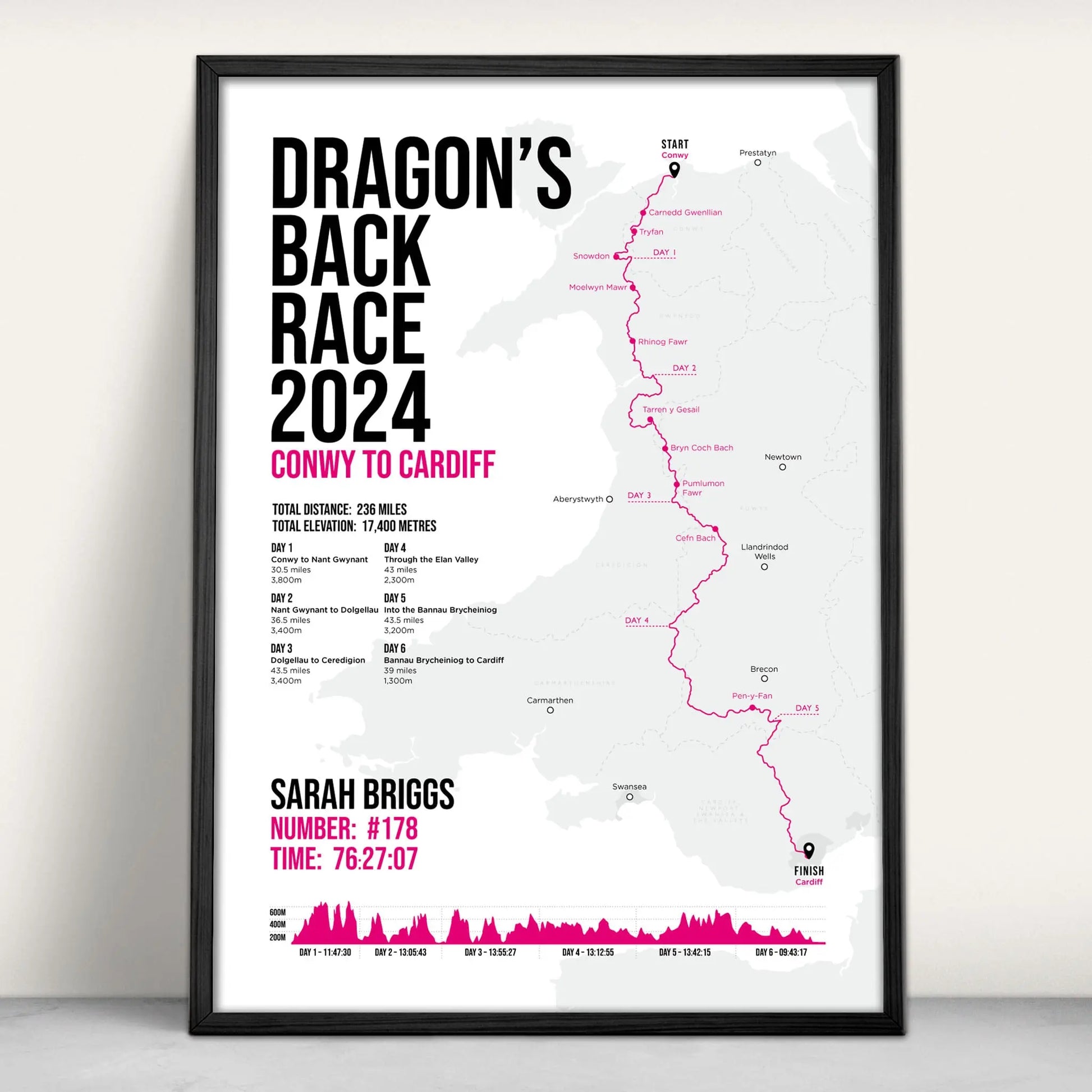 Personalised Dragon's Back Race Art Print in pink from Purest Green Prints