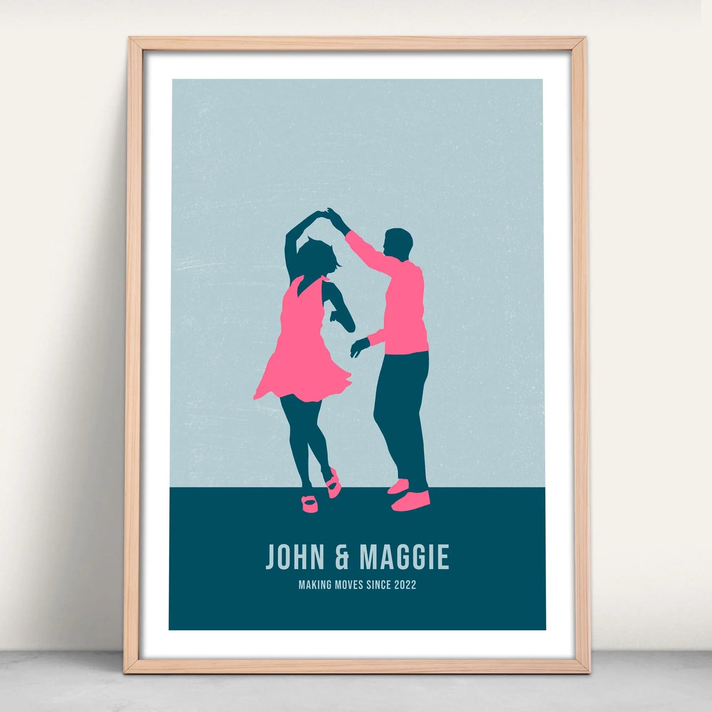 Personalised print of a couple dancing in navy and pink from Purest Green Prints.