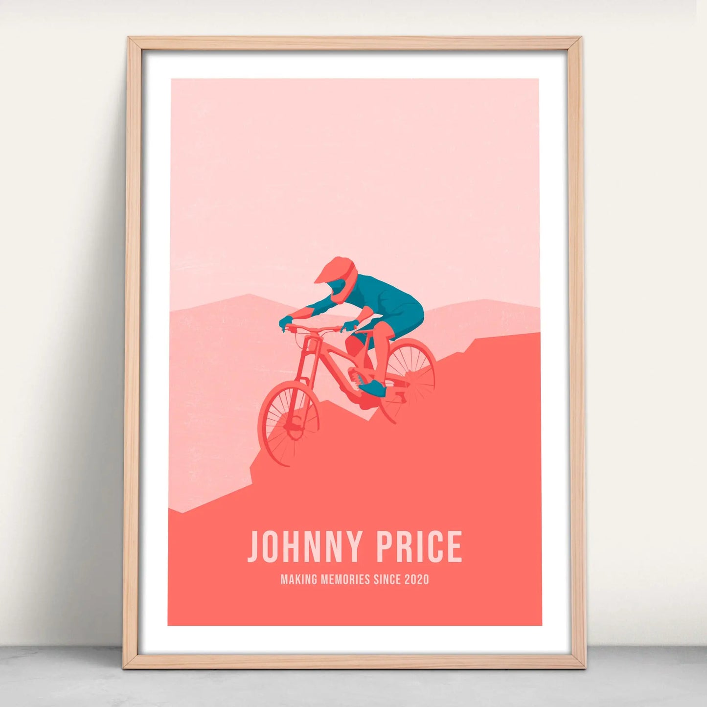 Personalised Downhill Biker Art Print in pink and blue from Purest Green Prints.