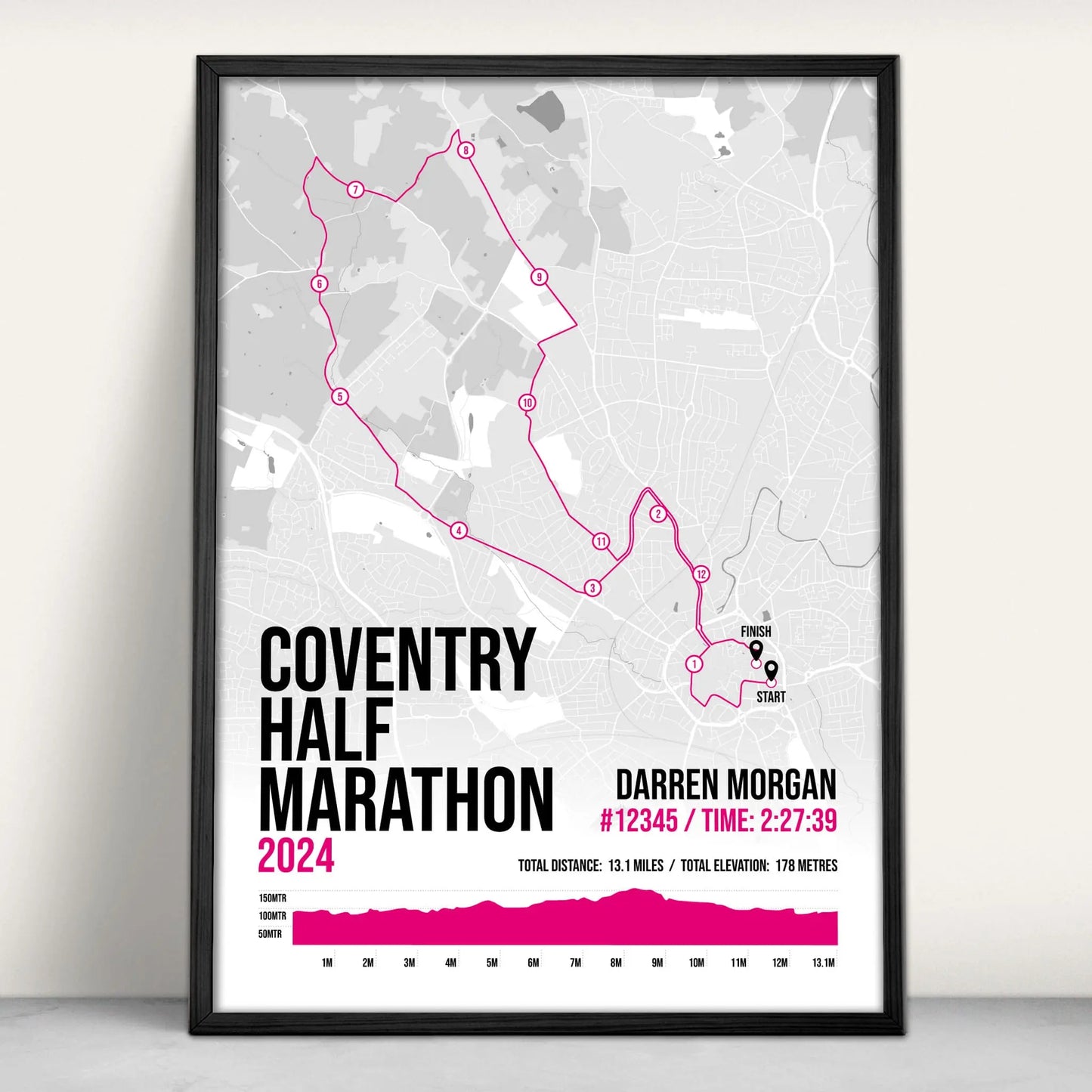 Personalised Coventry Half Marathon Art Print in pink from Purest Green Prints.