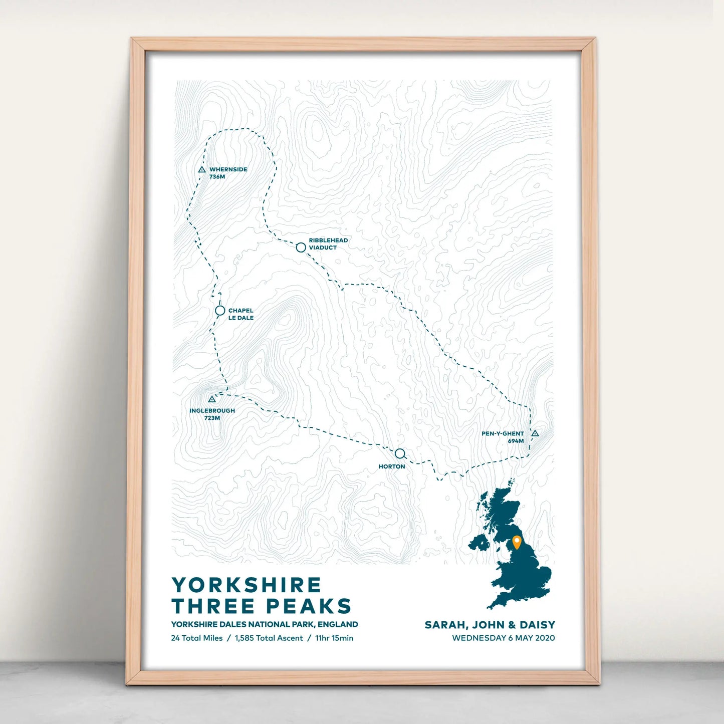 Yorkshire Three Peaks Contour Map Personalised Art Print from Purest Green Prints.