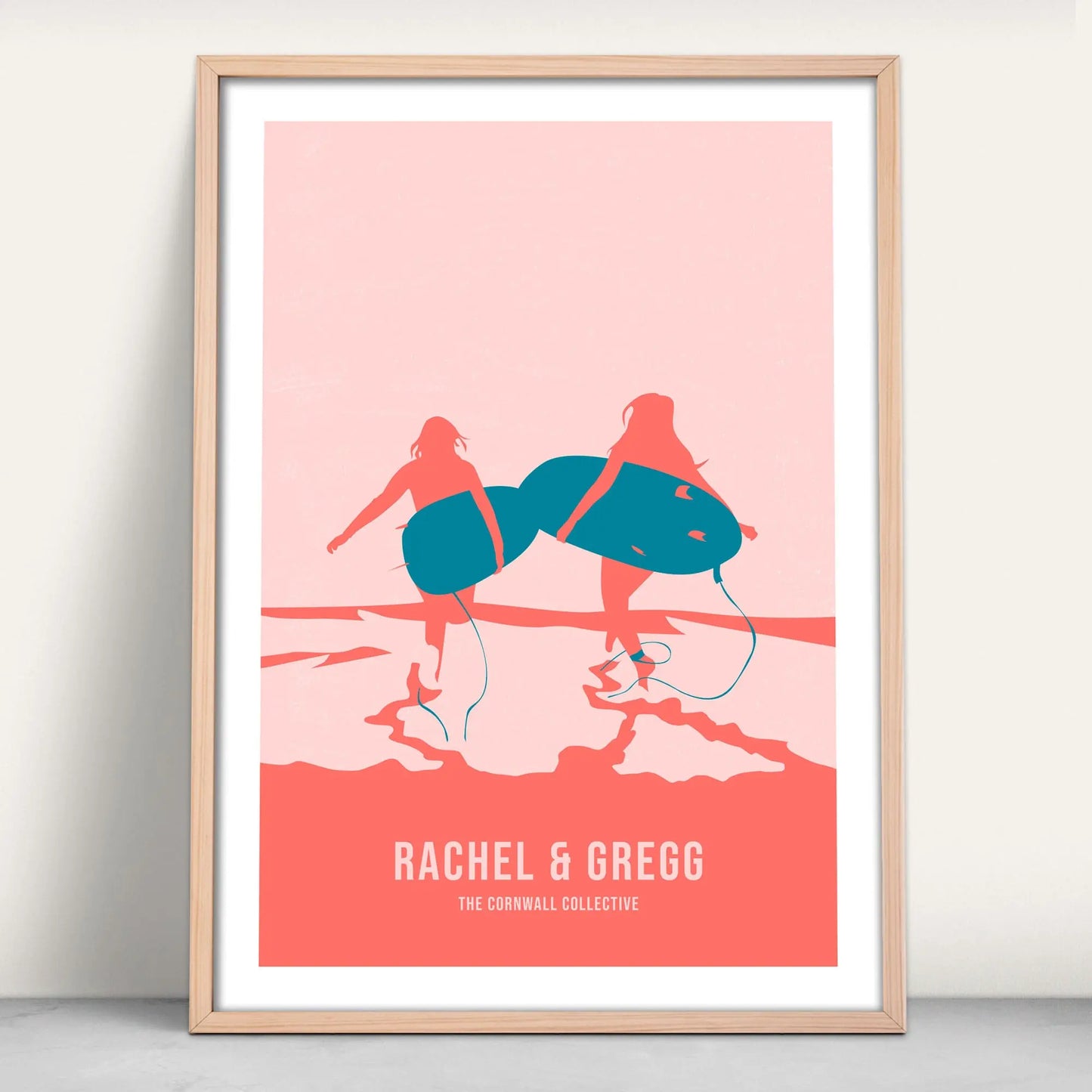 Personalised Surfing Mates Art Print in navy and pink from Purest Green Prints.