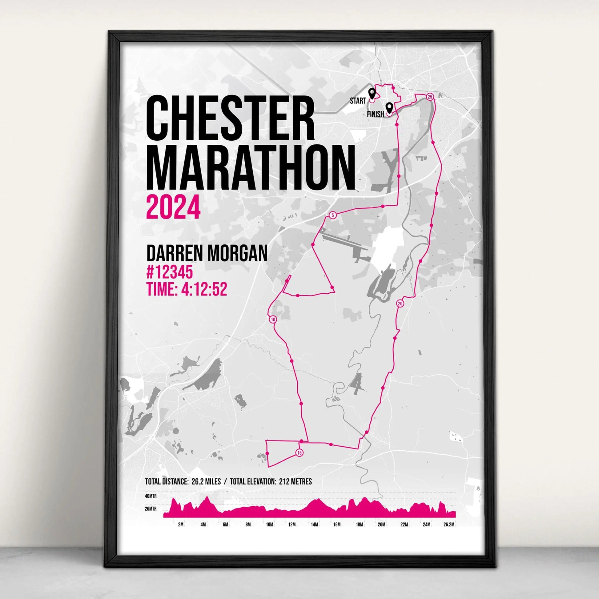 Personalised Chester Marathon route map print in pink from Purest Green Prints.